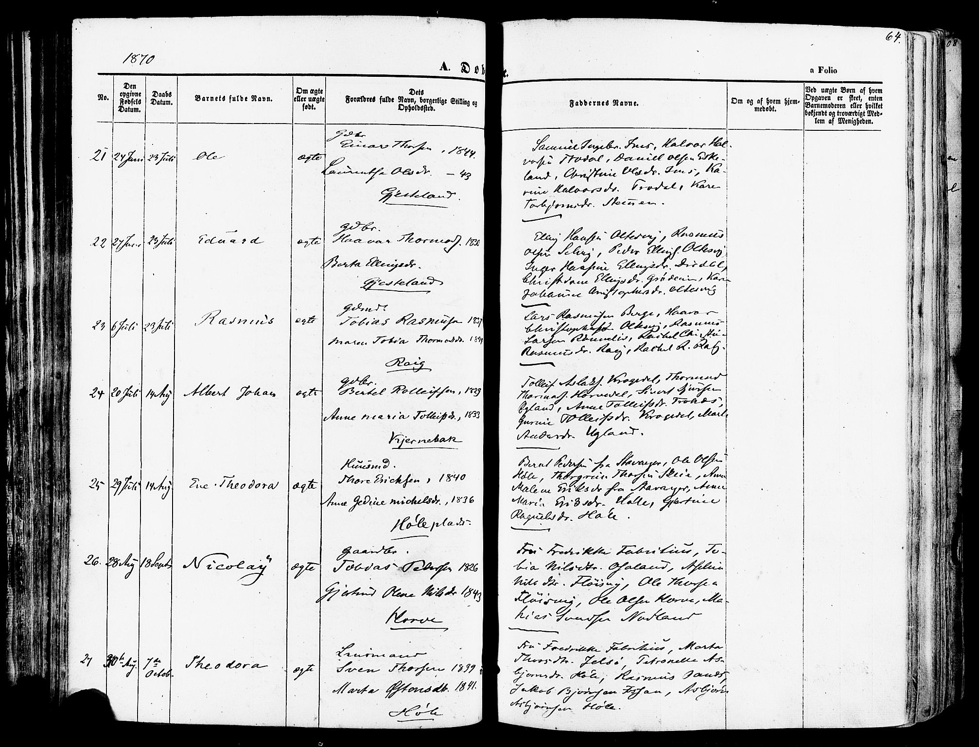 Høgsfjord sokneprestkontor, AV/SAST-A-101624/H/Ha/Haa/L0002: Parish register (official) no. A 2, 1855-1885, p. 64