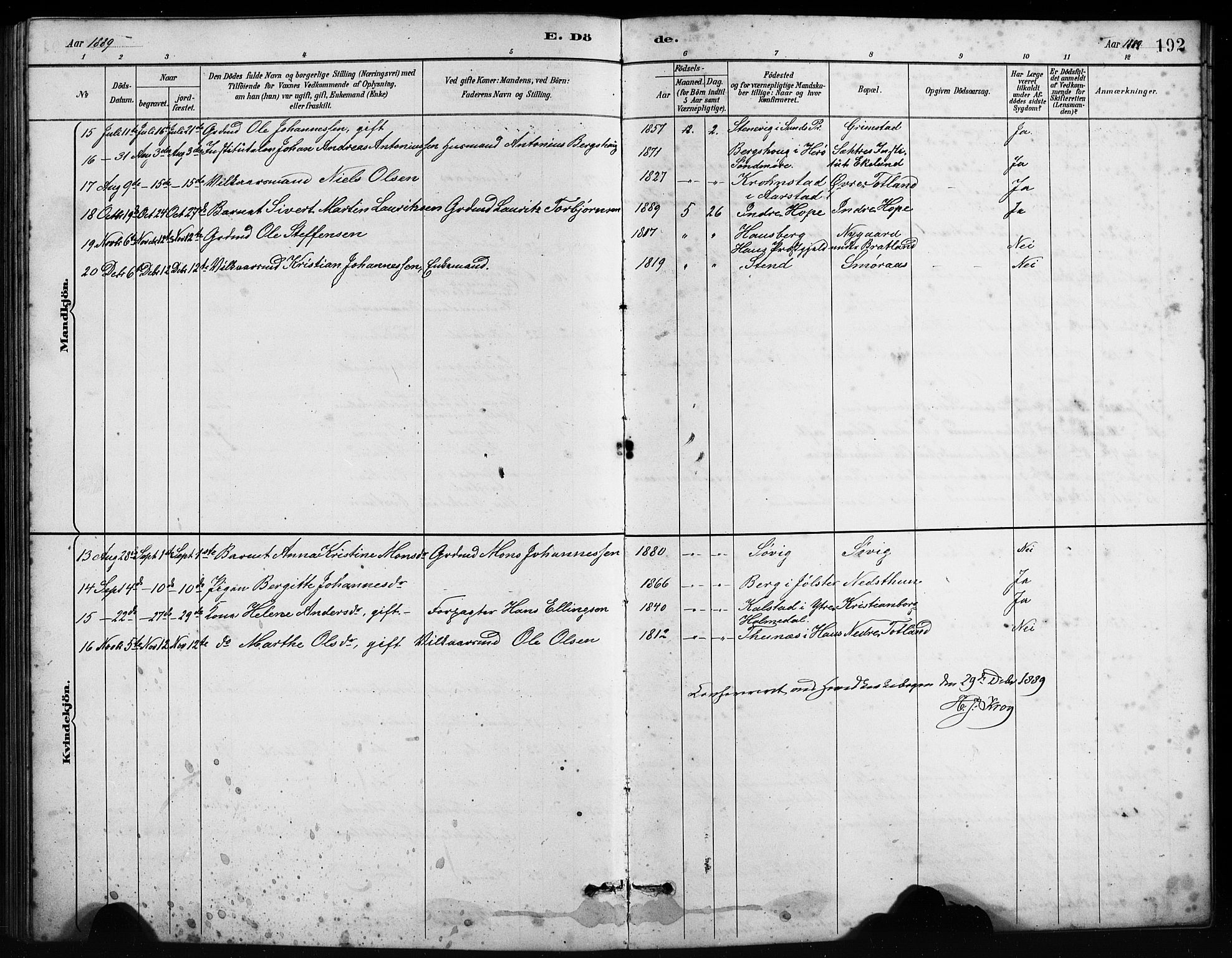 Birkeland Sokneprestembete, AV/SAB-A-74601/H/Hab: Parish register (copy) no. A 4, 1888-1897, p. 192