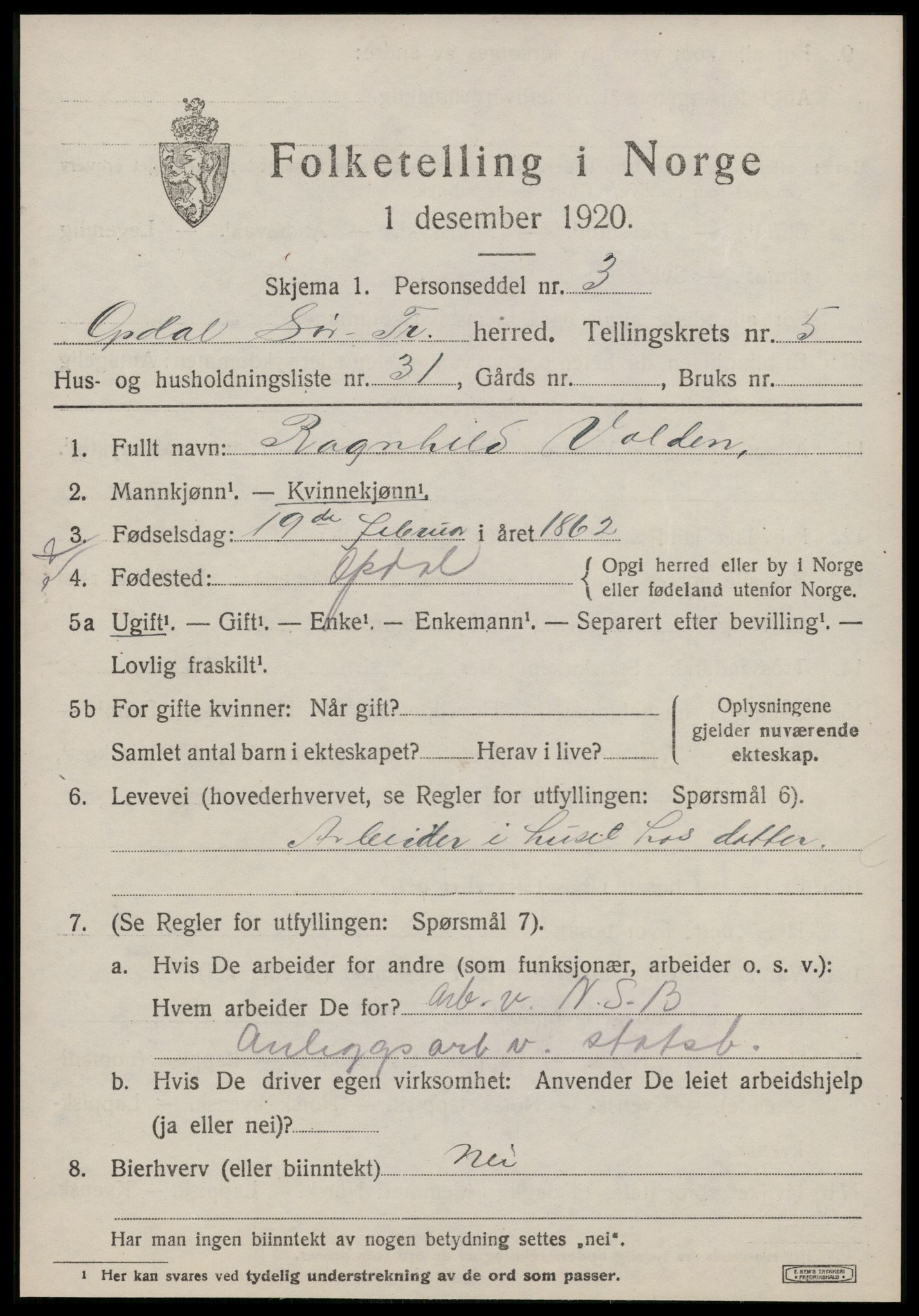 SAT, 1920 census for Oppdal, 1920, p. 5311