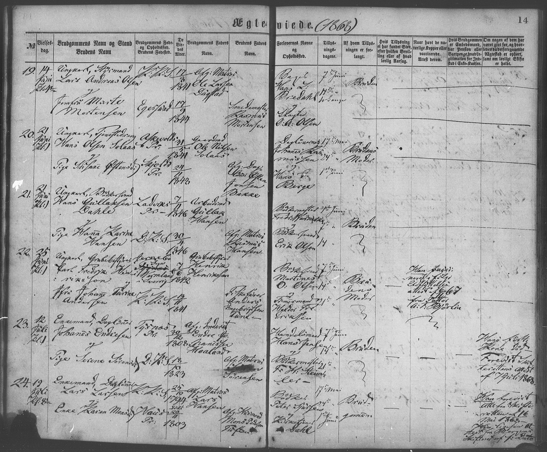 Korskirken sokneprestembete, AV/SAB-A-76101/H/Haa/L0036: Parish register (official) no. D 3, 1867-1882, p. 14