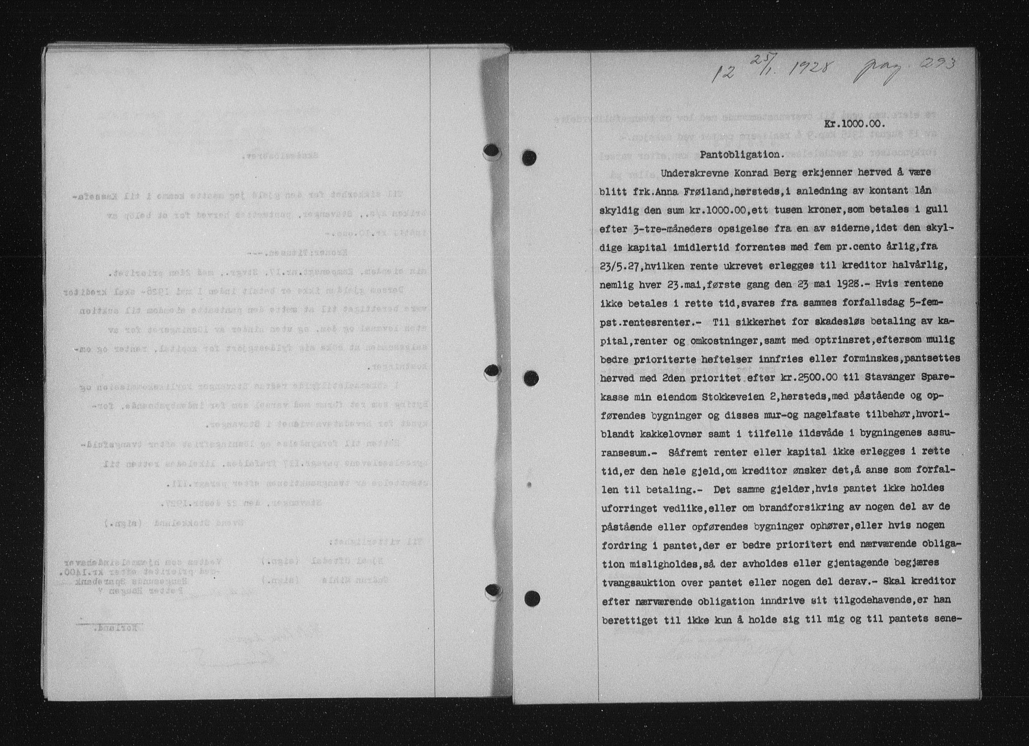 Stavanger byfogd, SAST/A-101408/001/4/41/410/410BB/L0053: Mortgage book no. 41, 1927-1928, Deed date: 25.01.1928