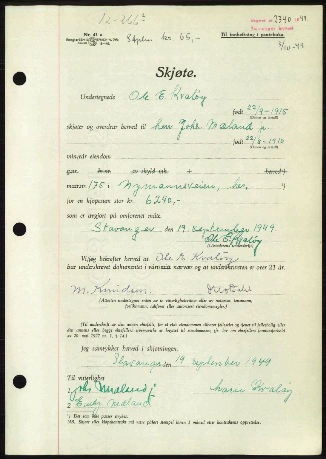 Stavanger byrett, SAST/A-100455/002/G/Gb/L0023: Mortgage book no. A12, 1948-1949, Diary no: : 2340/1949