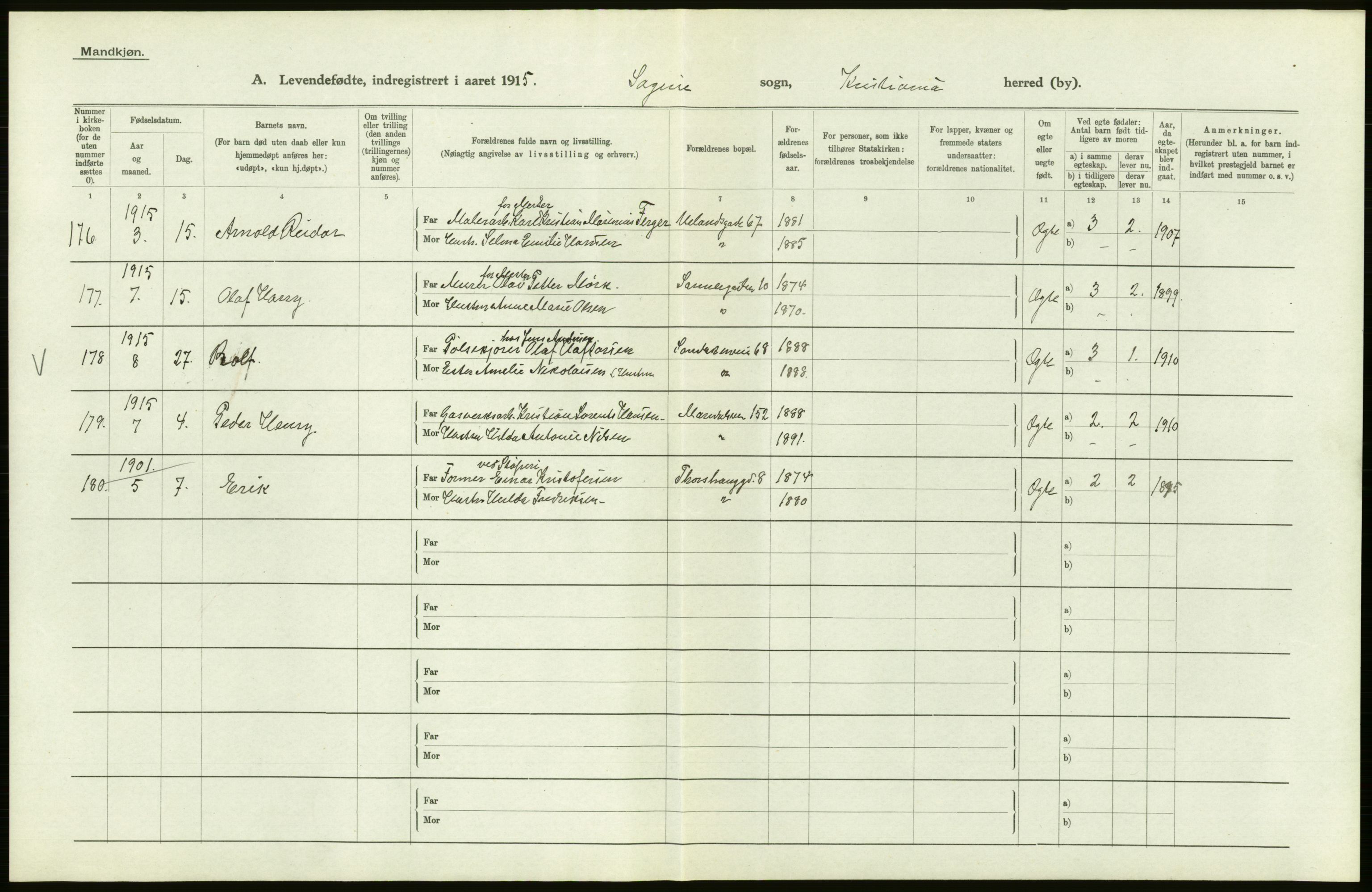 Statistisk sentralbyrå, Sosiodemografiske emner, Befolkning, AV/RA-S-2228/D/Df/Dfb/Dfbe/L0007: Kristiania: Levendefødte menn og kvinner., 1915, p. 622