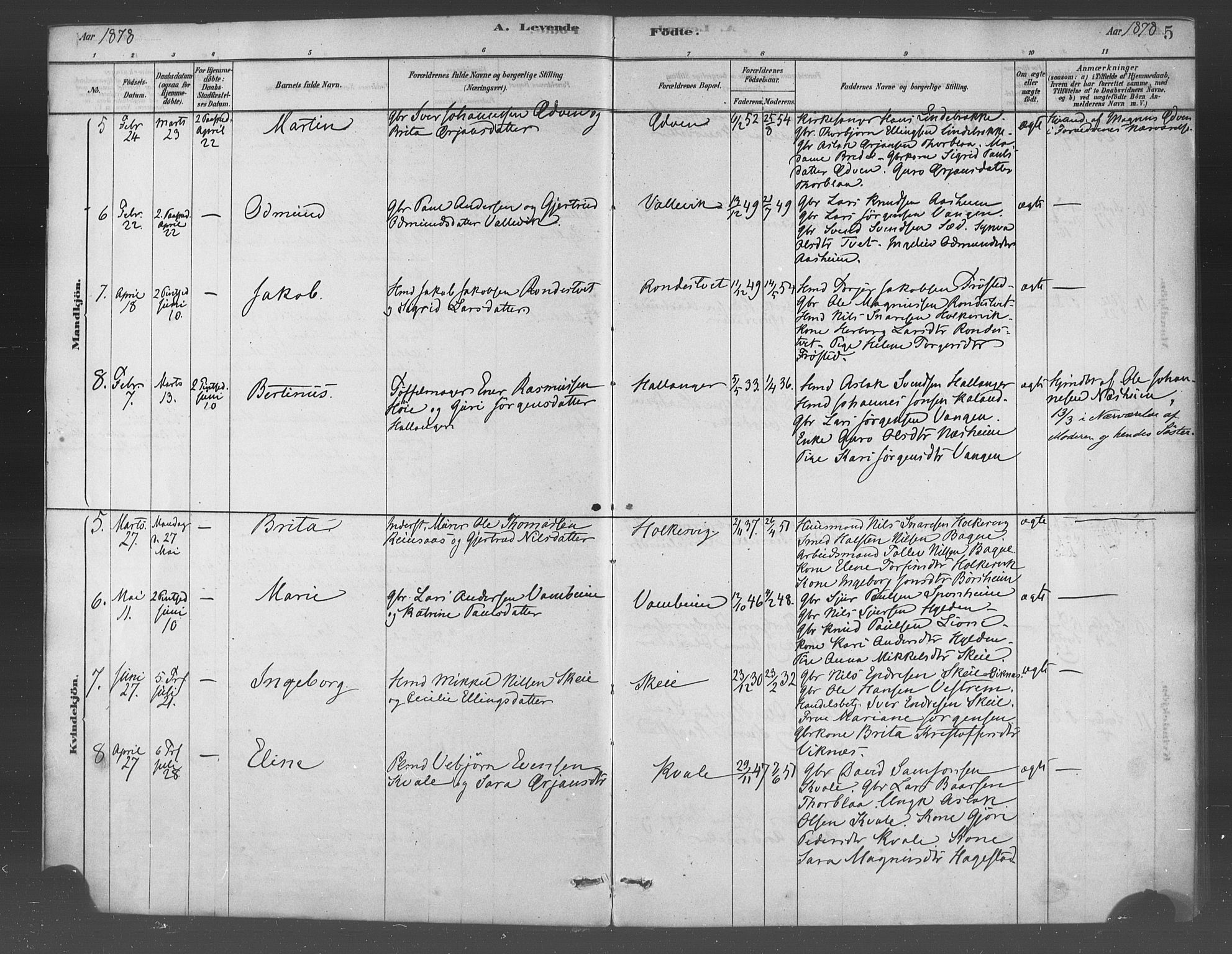 Ulvik sokneprestembete, SAB/A-78801/H/Haa: Parish register (official) no. B 1, 1878-1897, p. 5