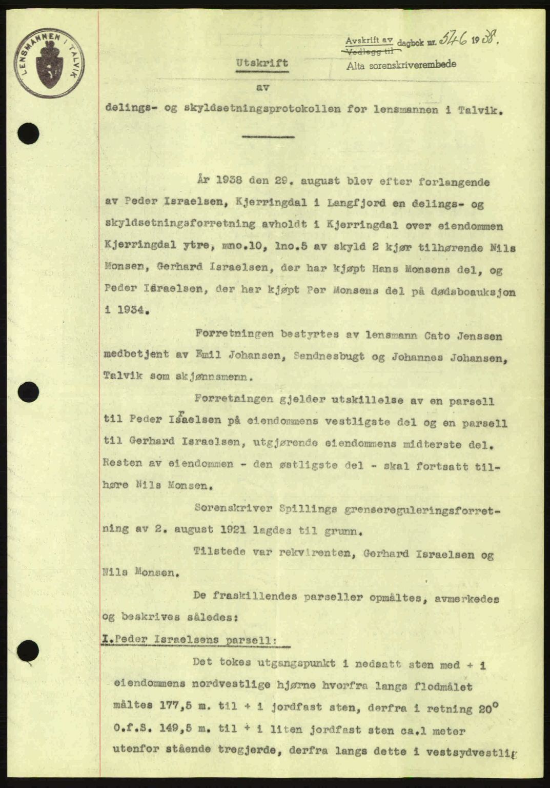 Alta fogderi/sorenskriveri, SATØ/SATØ-5/1/K/Kd/L0031pantebok: Mortgage book no. 31, 1938-1939, Diary no: : 546/1938