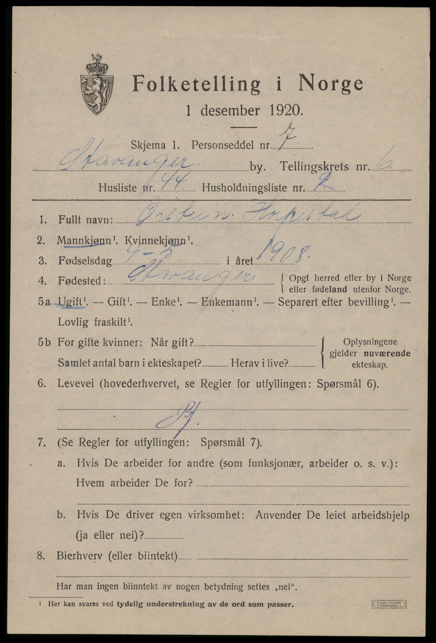 SAST, 1920 census for Stavanger, 1920, p. 43144