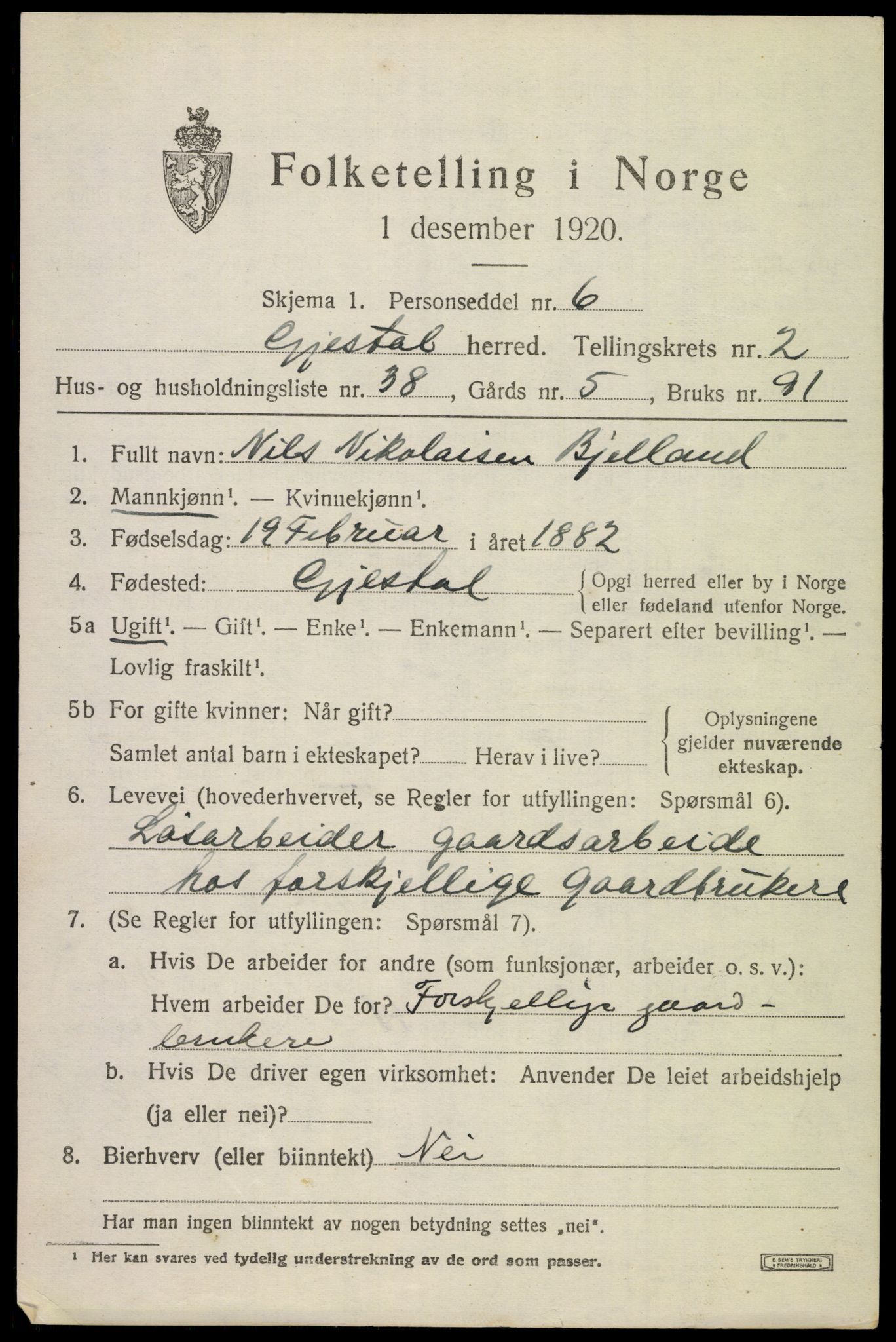 SAST, 1920 census for Gjesdal, 1920, p. 2124