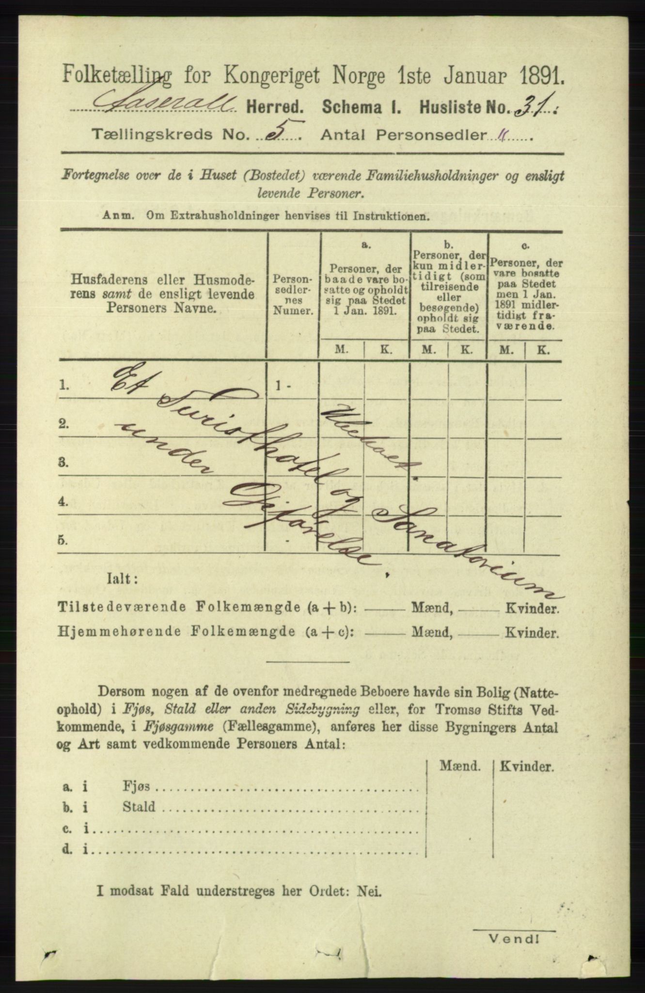 RA, 1891 census for 1026 Åseral, 1891, p. 1446