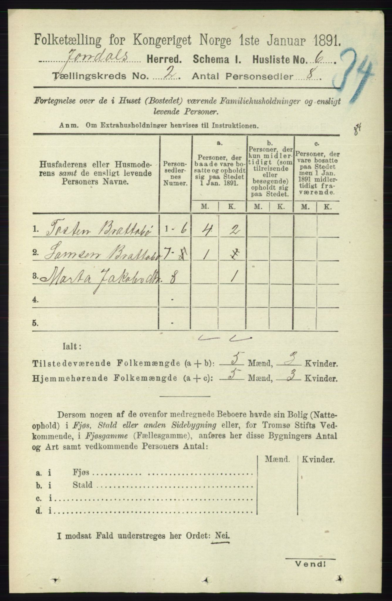 RA, 1891 census for 1227 Jondal, 1891, p. 782