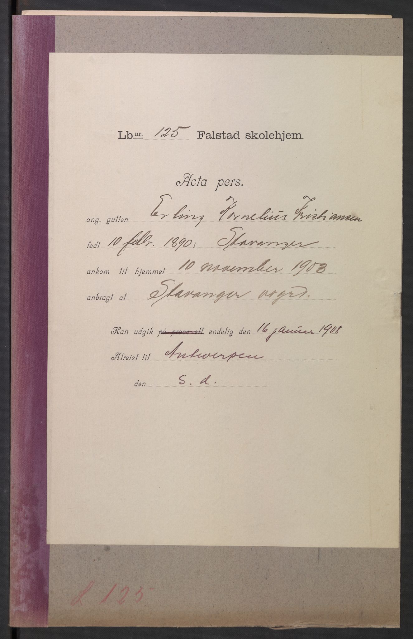Falstad skolehjem, RA/S-1676/E/Eb/L0006: Elevmapper løpenr. 121-145, 1903-1910, p. 32