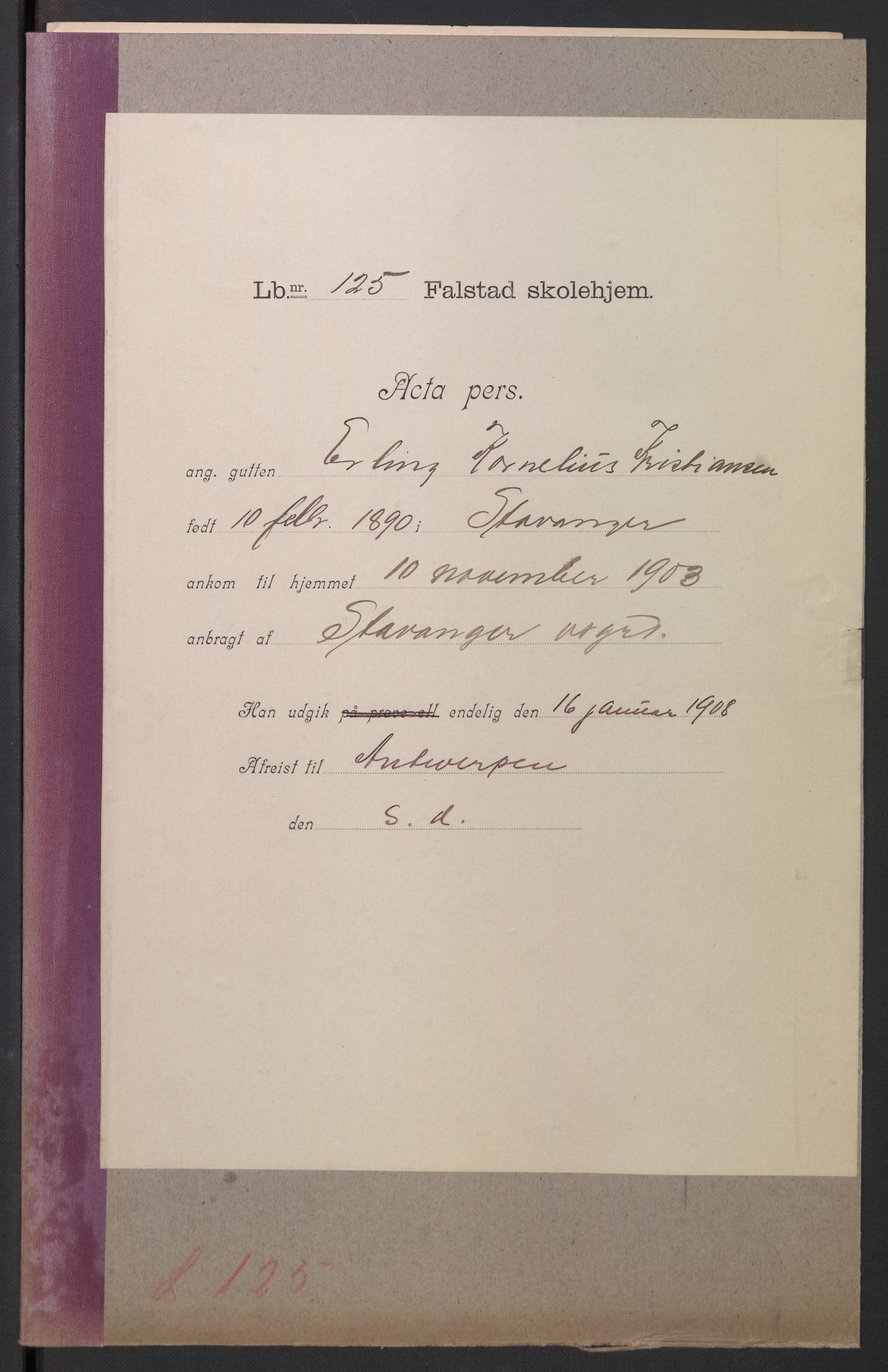 Falstad skolehjem, AV/RA-S-1676/E/Eb/L0006: Elevmapper løpenr. 121-145, 1903-1910, p. 32