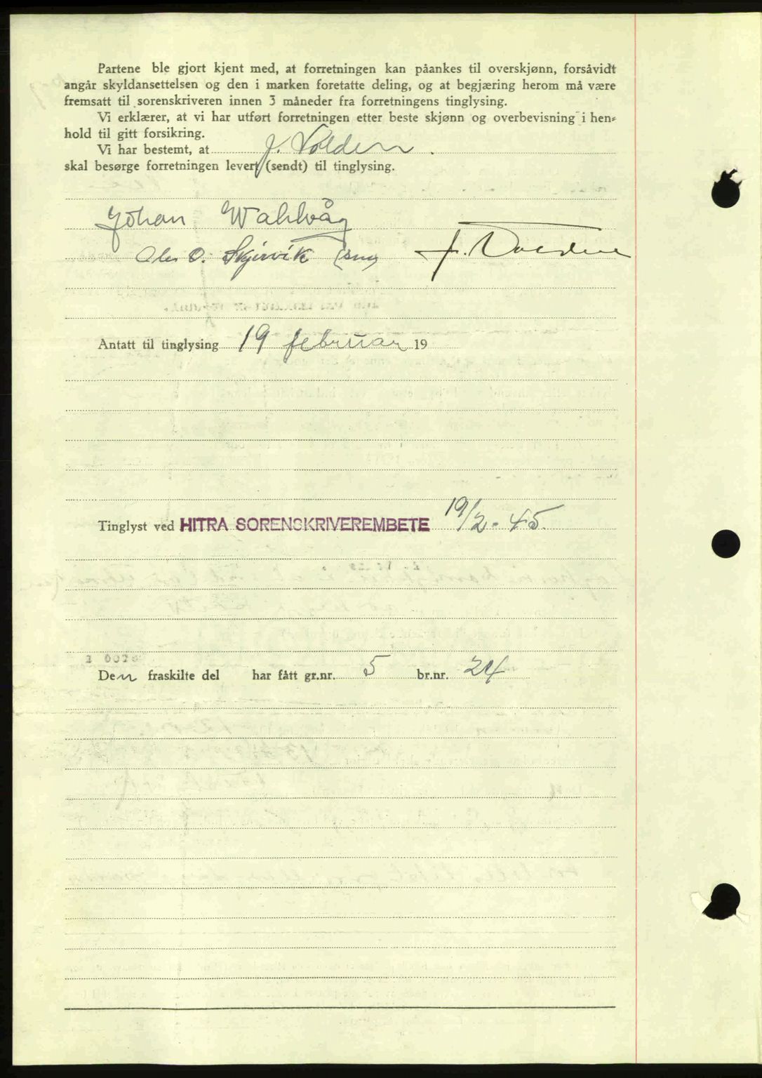 Hitra sorenskriveri, AV/SAT-A-0018/2/2C/2Ca: Mortgage book no. A2, 1943-1945, Diary no: : 87/1945