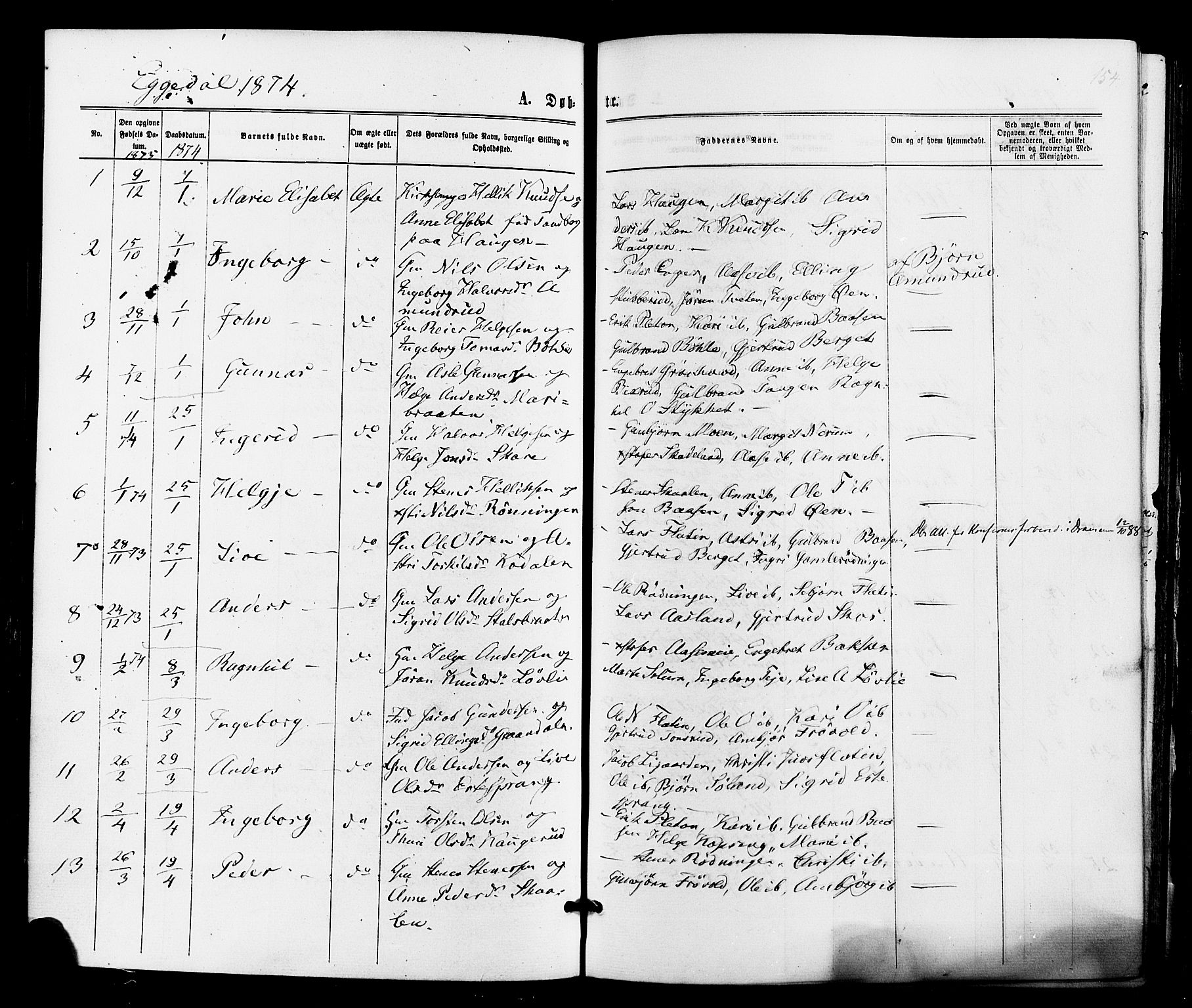 Sigdal kirkebøker, SAKO/A-245/F/Fa/L0010: Parish register (official) no. I 10 /3, 1872-1878, p. 154