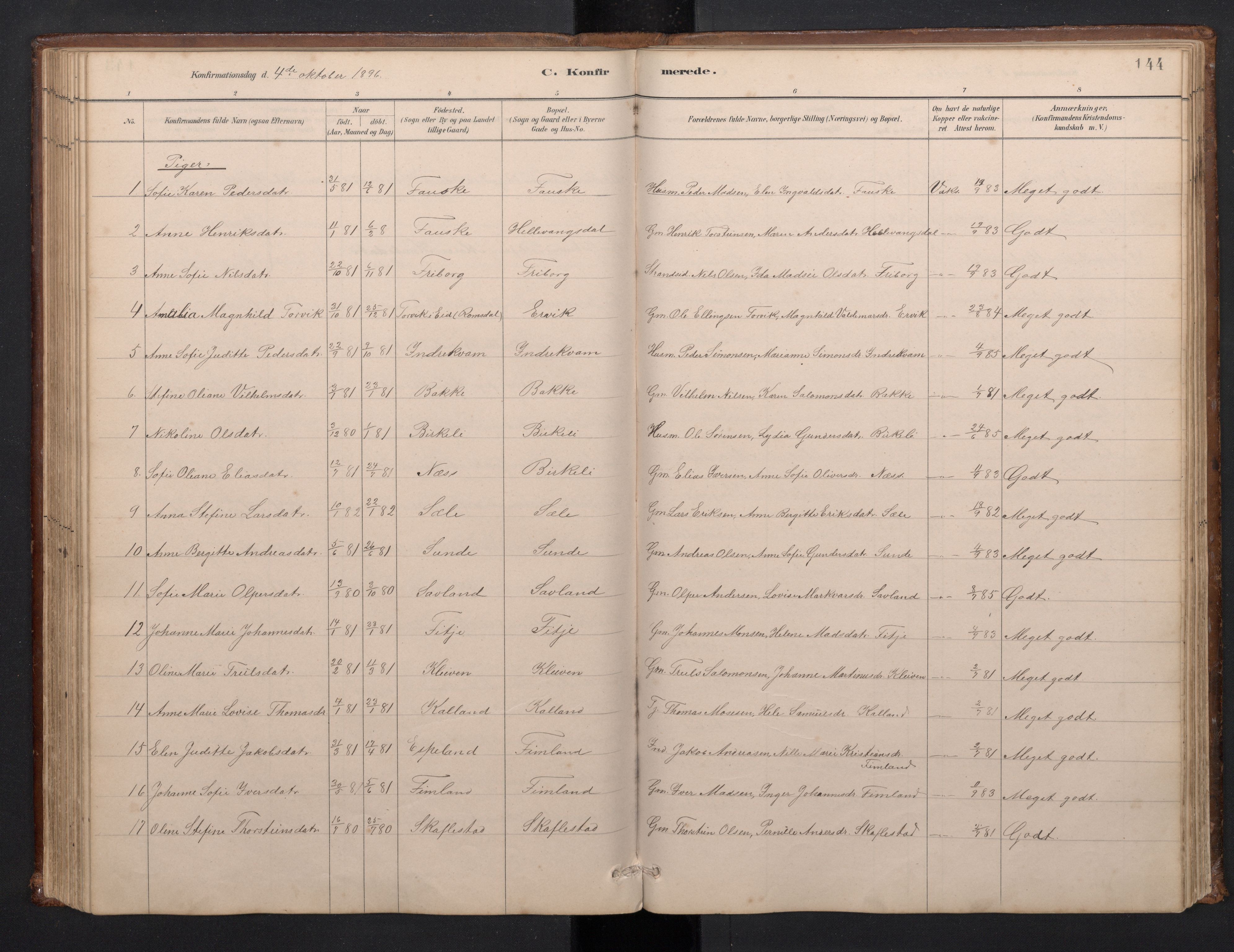 Førde sokneprestembete, AV/SAB-A-79901/H/Hab/Habd/L0003: Parish register (copy) no. D 3, 1881-1897, p. 143b-144a