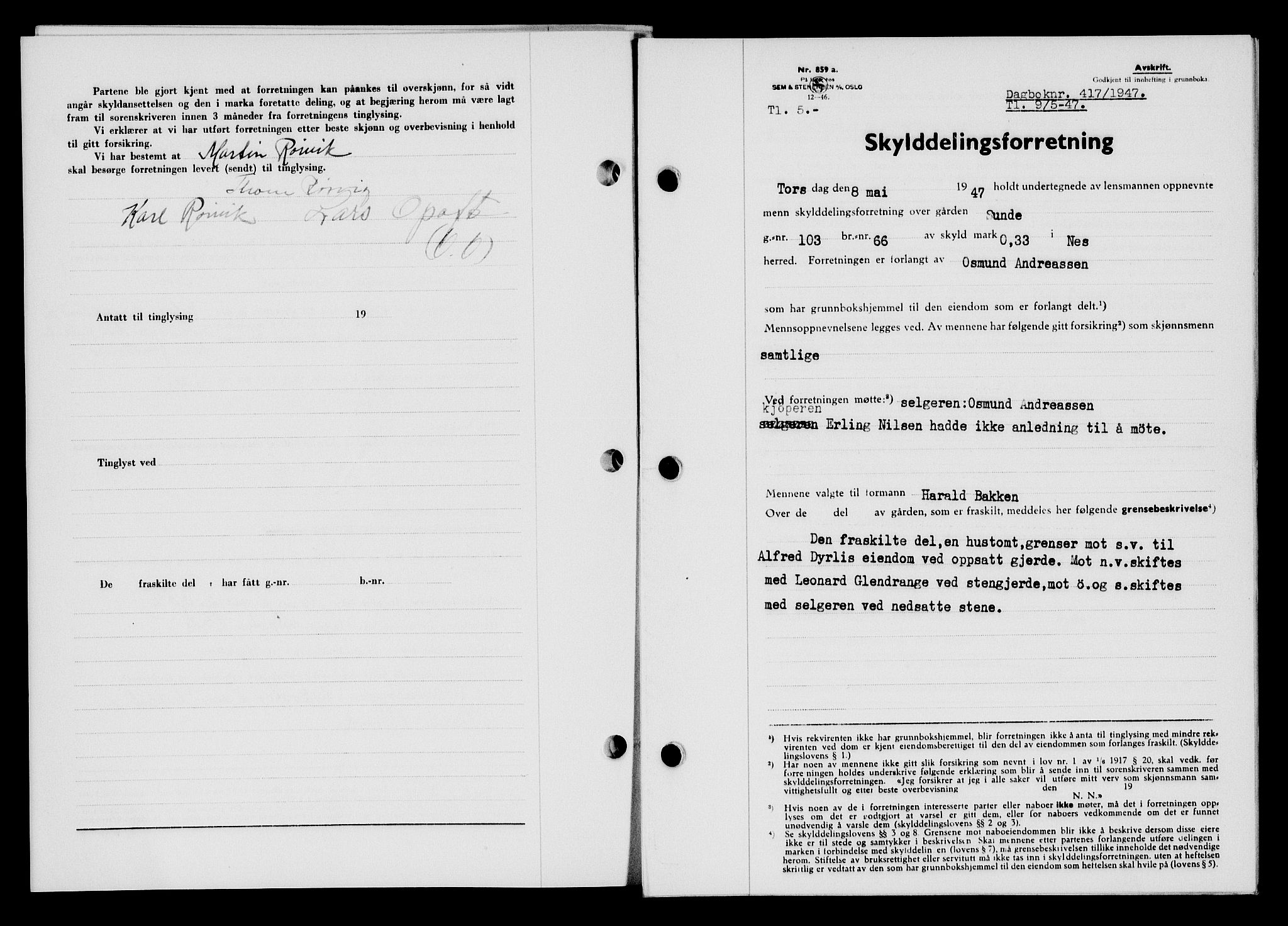 Flekkefjord sorenskriveri, SAK/1221-0001/G/Gb/Gba/L0062: Mortgage book no. A-10, 1947-1947, Diary no: : 417/1947