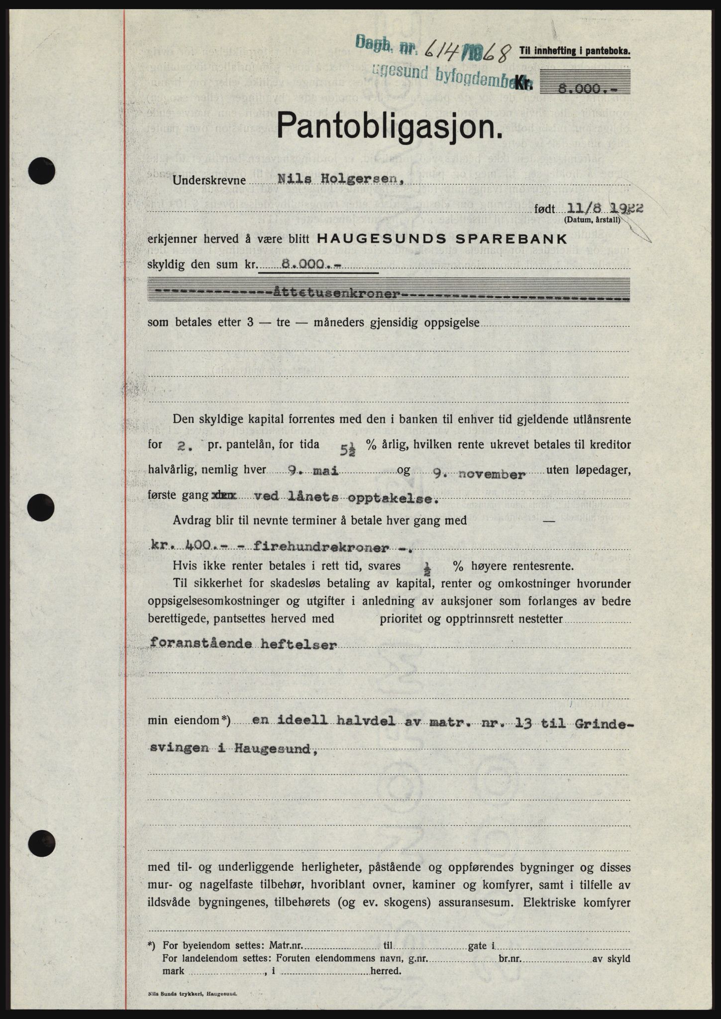 Haugesund tingrett, SAST/A-101415/01/II/IIC/L0058: Mortgage book no. B 58, 1967-1968, Diary no: : 614/1968