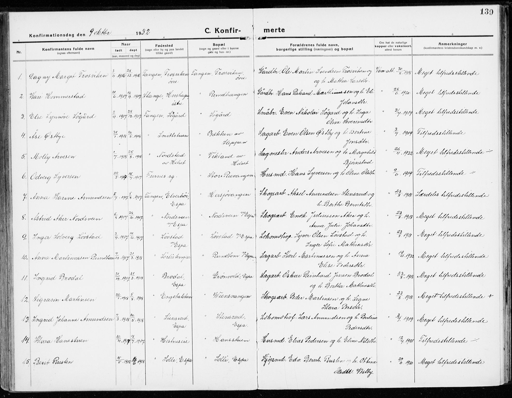 Stange prestekontor, AV/SAH-PREST-002/K/L0025: Parish register (official) no. 25, 1921-1945, p. 139