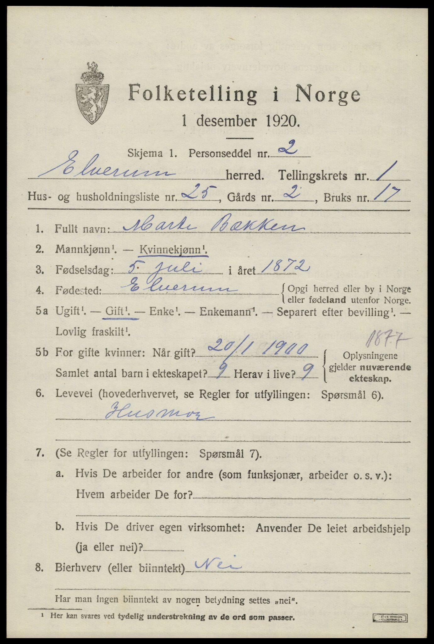 SAH, 1920 census for Elverum, 1920, p. 4048