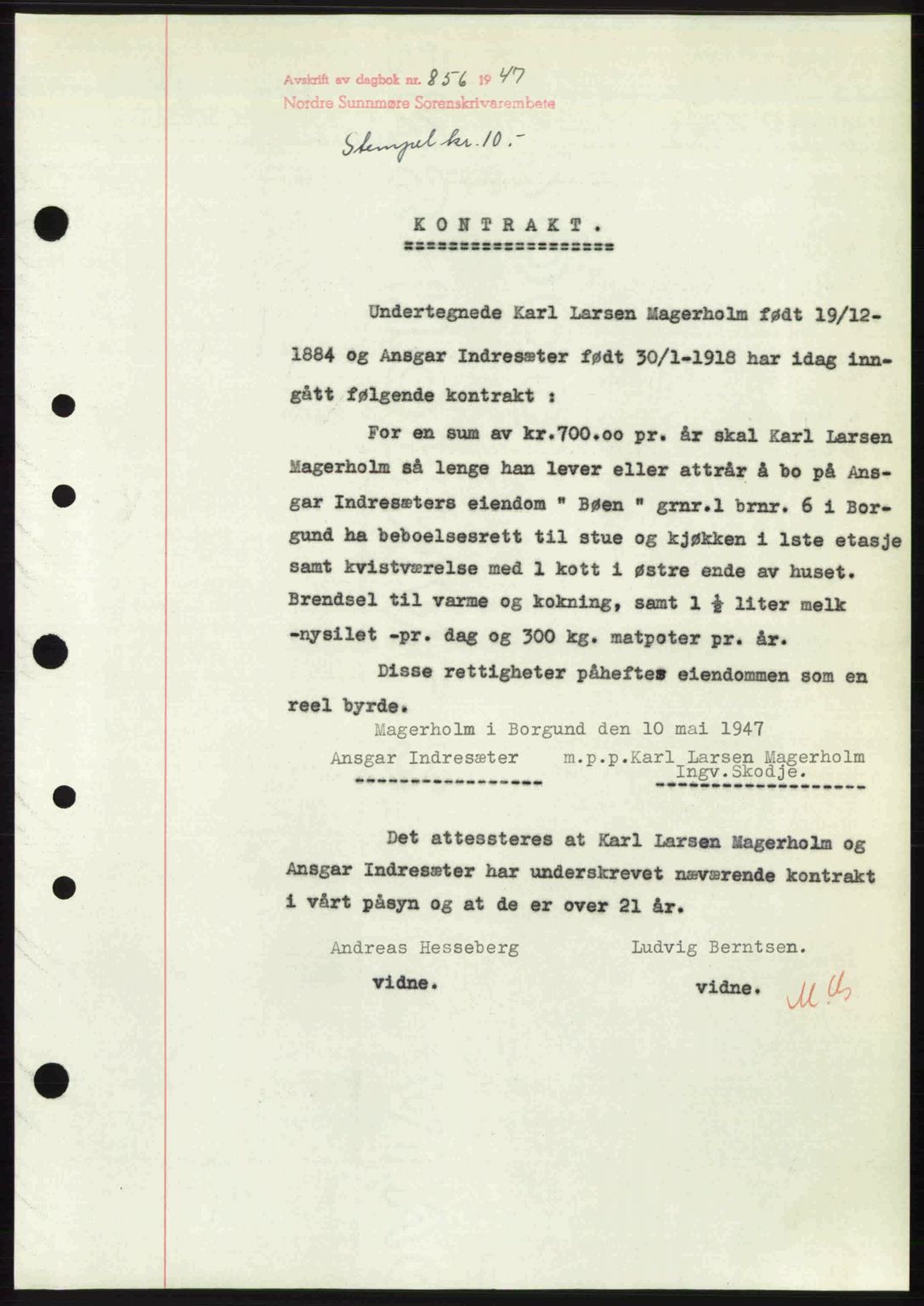 Nordre Sunnmøre sorenskriveri, AV/SAT-A-0006/1/2/2C/2Ca: Mortgage book no. A24, 1947-1947, Diary no: : 856/1947