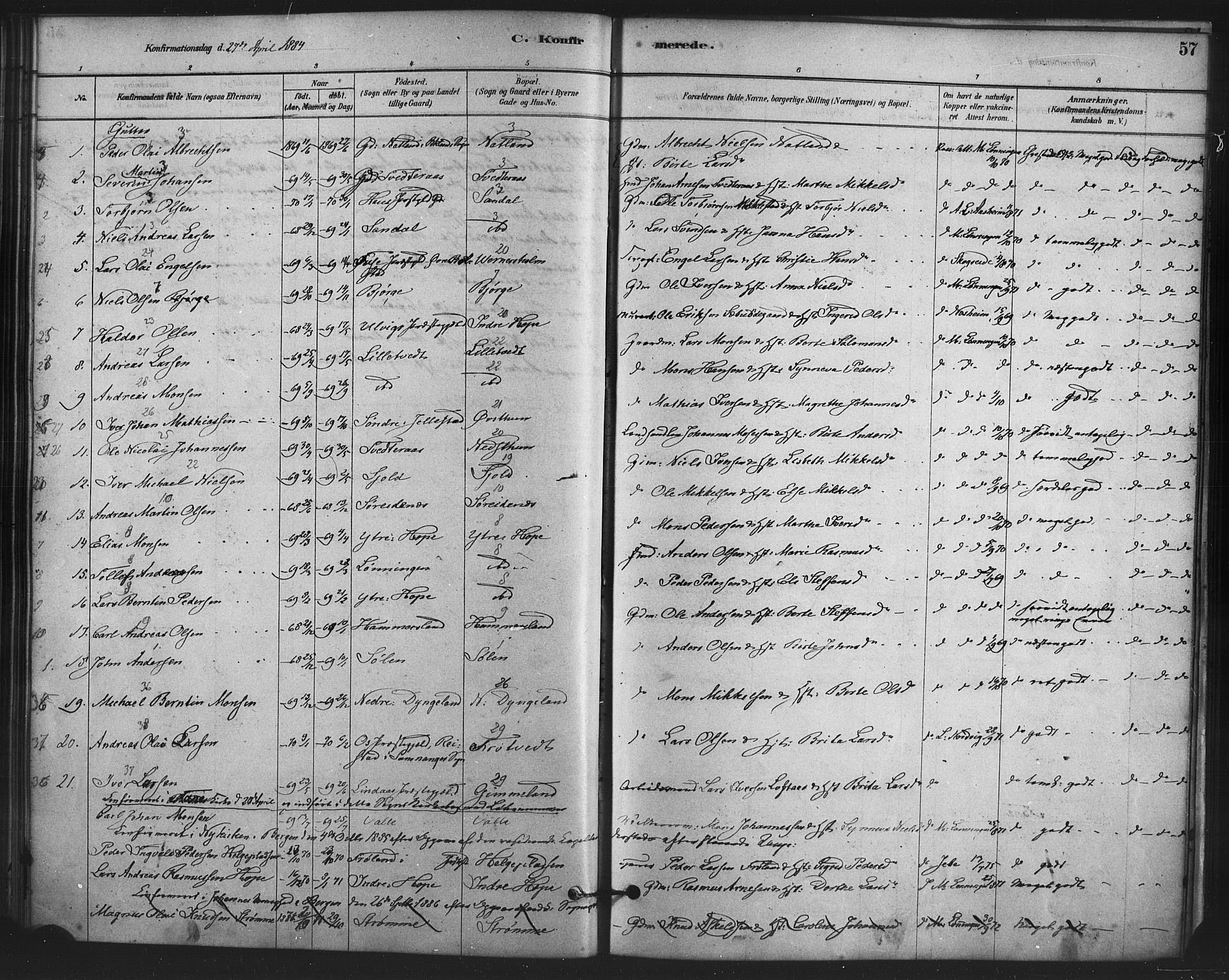 Fana Sokneprestembete, SAB/A-75101/H/Haa/Haai/L0001: Parish register (official) no. I 1, 1878-1888, p. 57