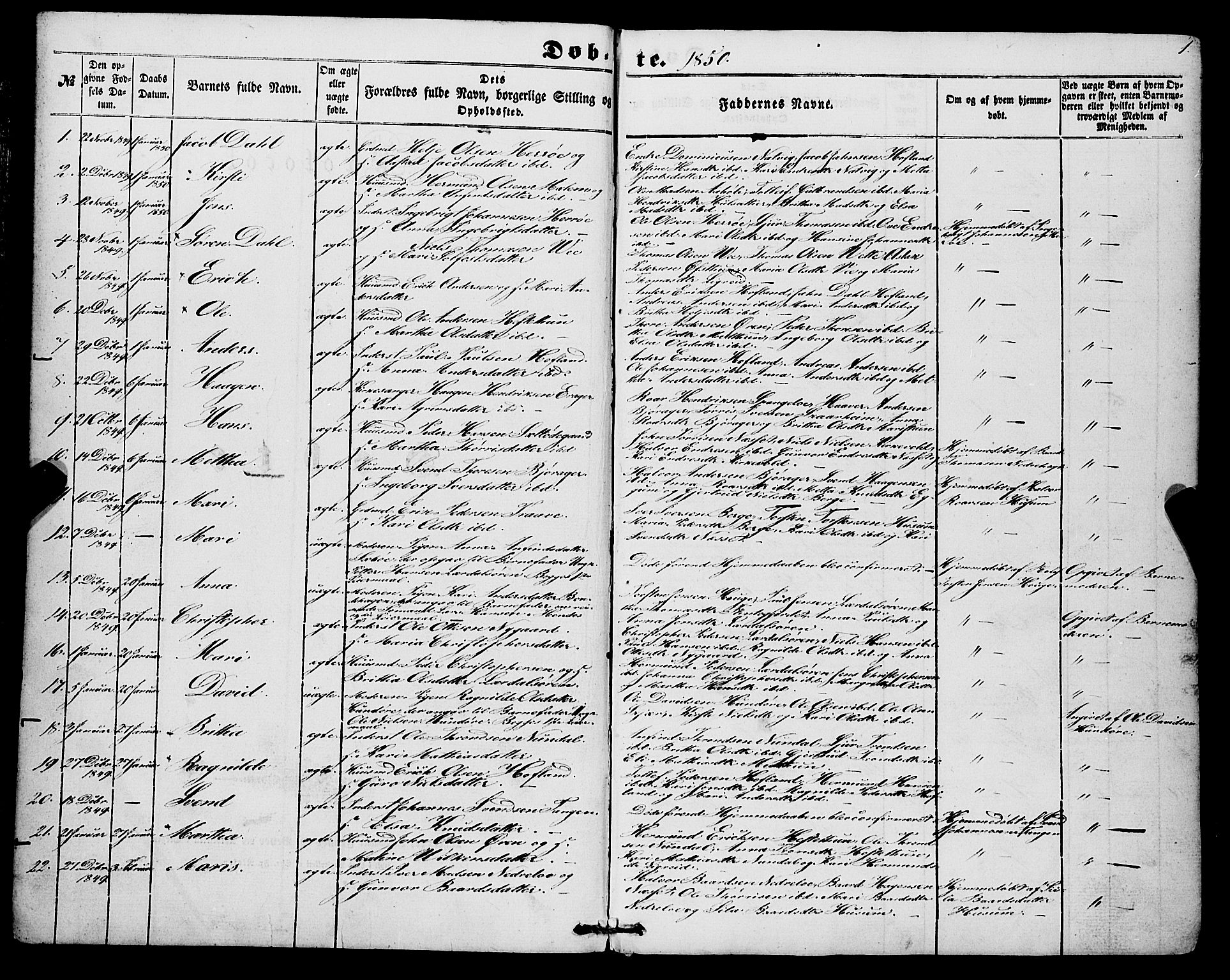 Lærdal sokneprestembete, SAB/A-81201: Parish register (official) no. A 11, 1850-1866, p. 1
