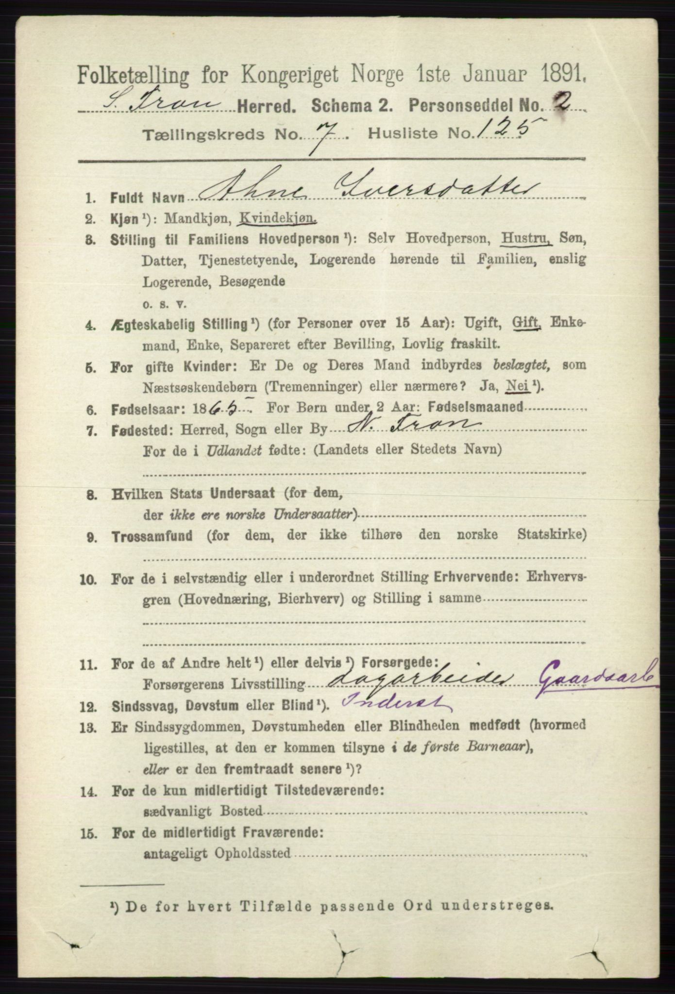 RA, 1891 census for 0519 Sør-Fron, 1891, p. 3697