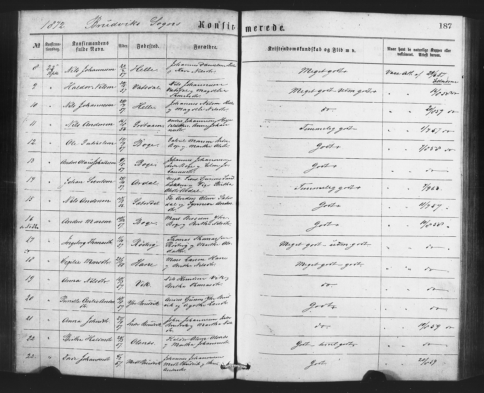 Bruvik Sokneprestembete, AV/SAB-A-74701/H/Haa: Parish register (official) no. A 1, 1869-1877, p. 187