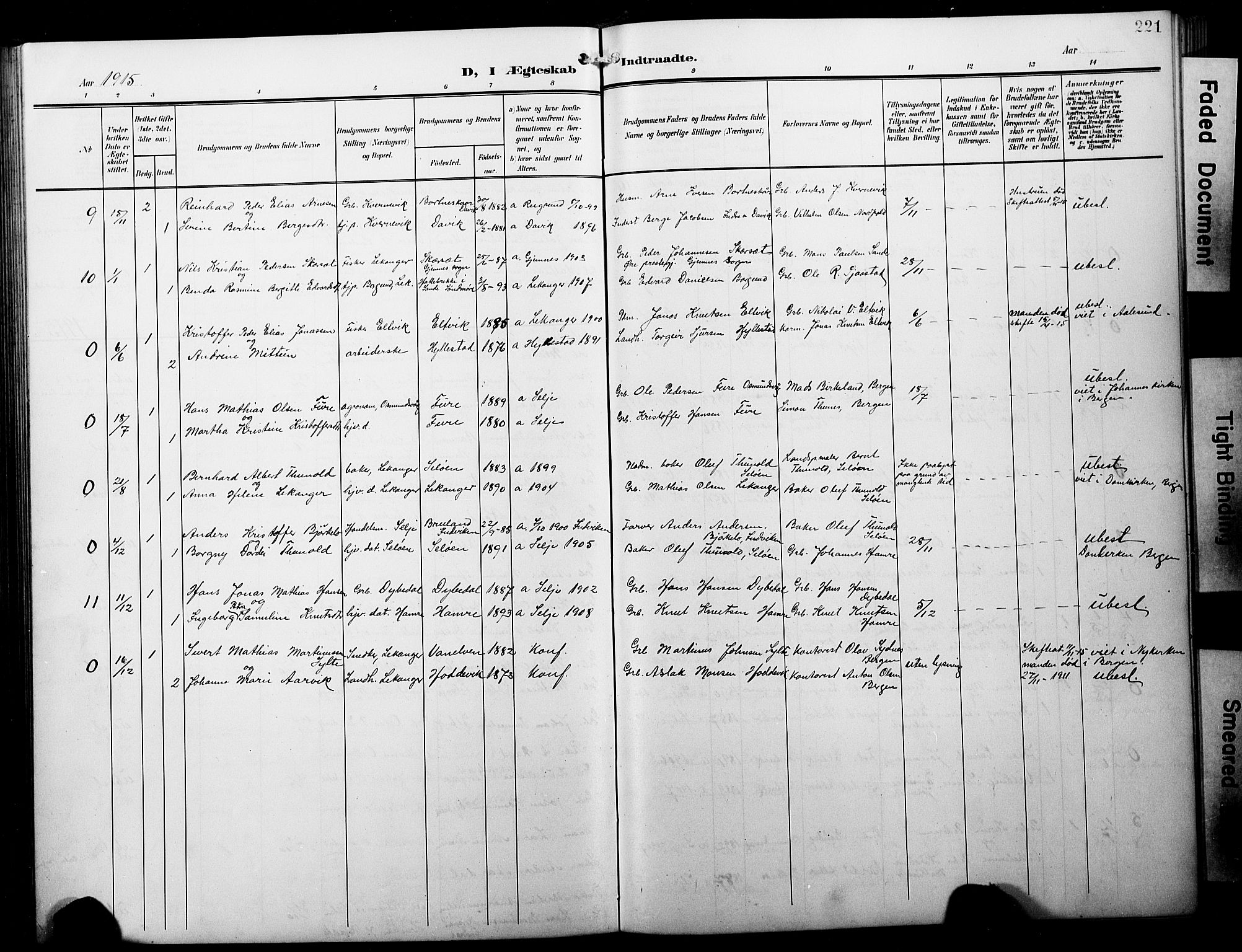 Selje sokneprestembete, SAB/A-99938/H/Ha/Hab/Habb: Parish register (copy) no. B 1, 1905-1923, p. 221