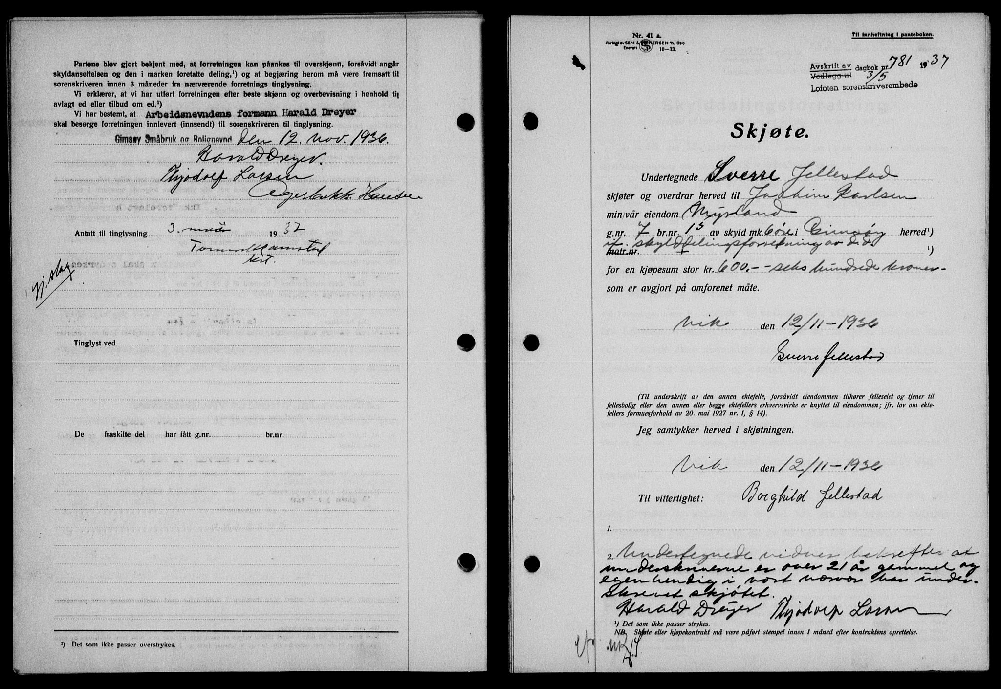 Lofoten sorenskriveri, SAT/A-0017/1/2/2C/L0002a: Mortgage book no. 2a, 1937-1937, Diary no: : 781/1937
