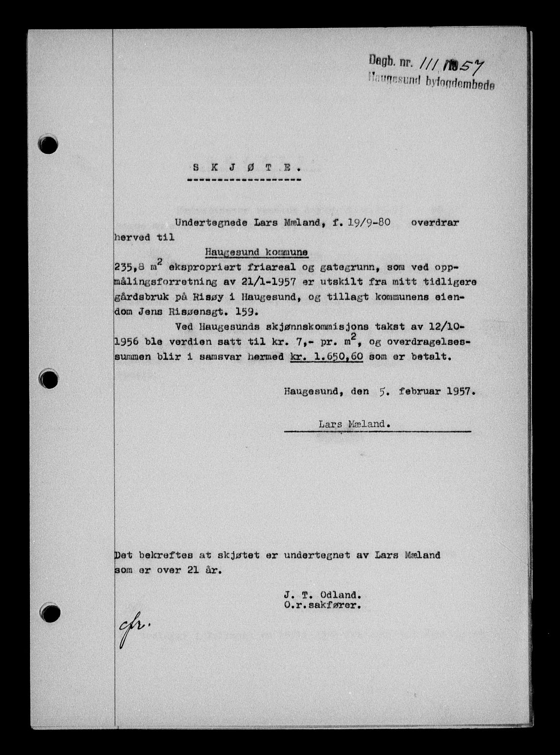 Haugesund tingrett, SAST/A-101415/01/II/IIC/L0068: Mortgage book no. A 9, 1956-1958, Diary no: : 111/1957