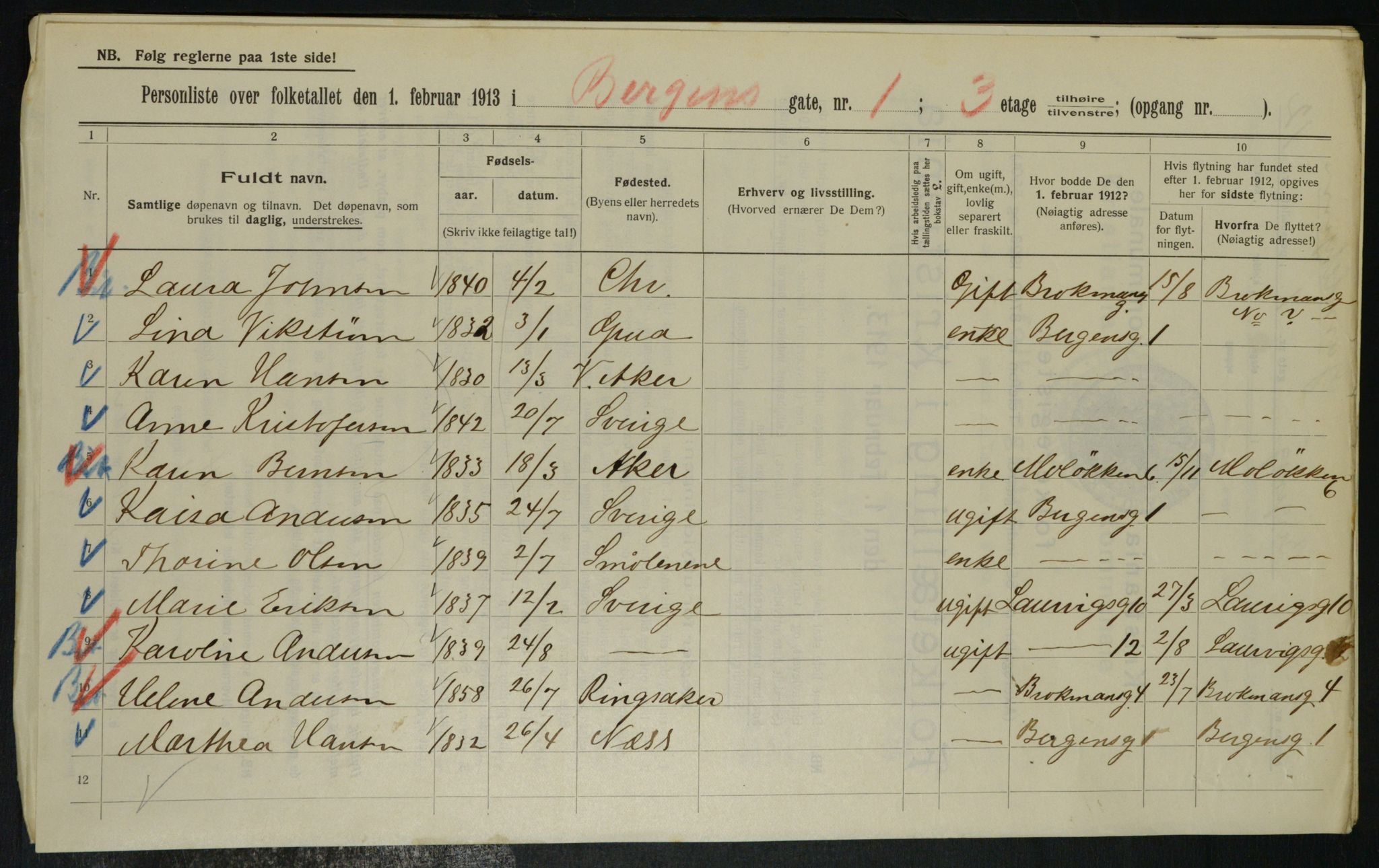 OBA, Municipal Census 1913 for Kristiania, 1913, p. 3536