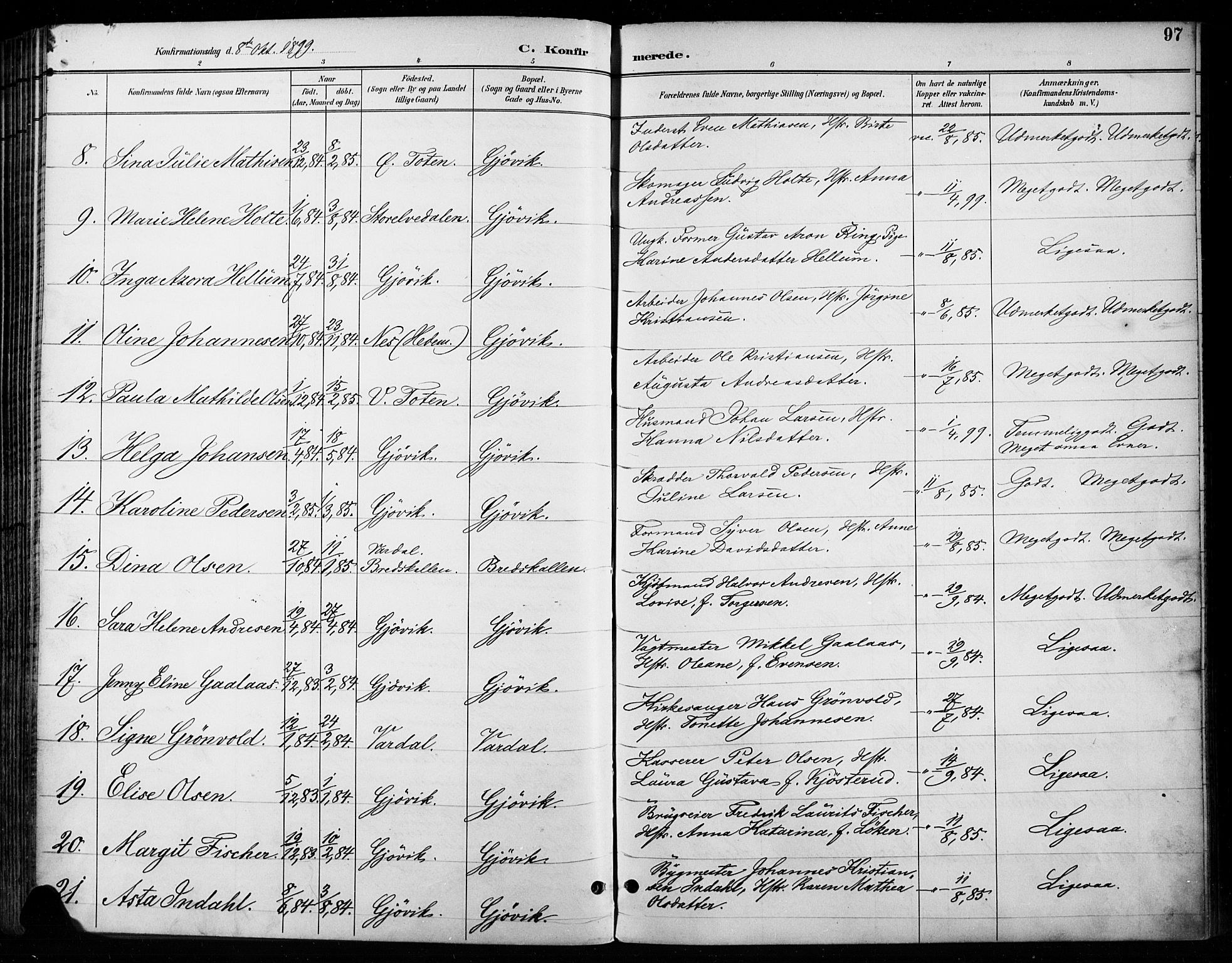 Vardal prestekontor, SAH/PREST-100/H/Ha/Haa/L0011: Parish register (official) no. 11, 1891-1901, p. 97