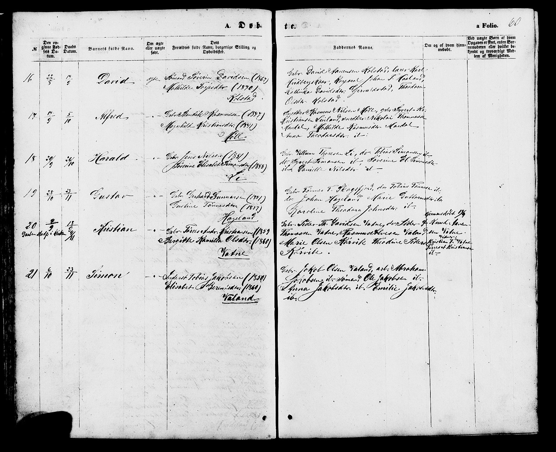 Holum sokneprestkontor, SAK/1111-0022/F/Fb/Fba/L0004: Parish register (copy) no. B 4, 1867-1890, p. 60