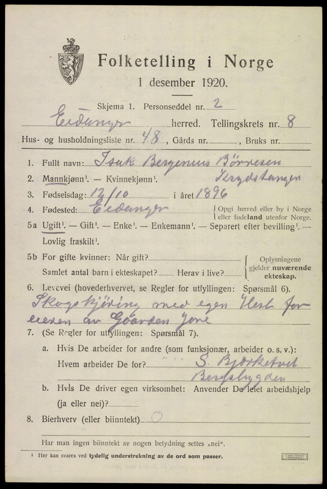 SAKO, 1920 census for Eidanger, 1920, p. 5908