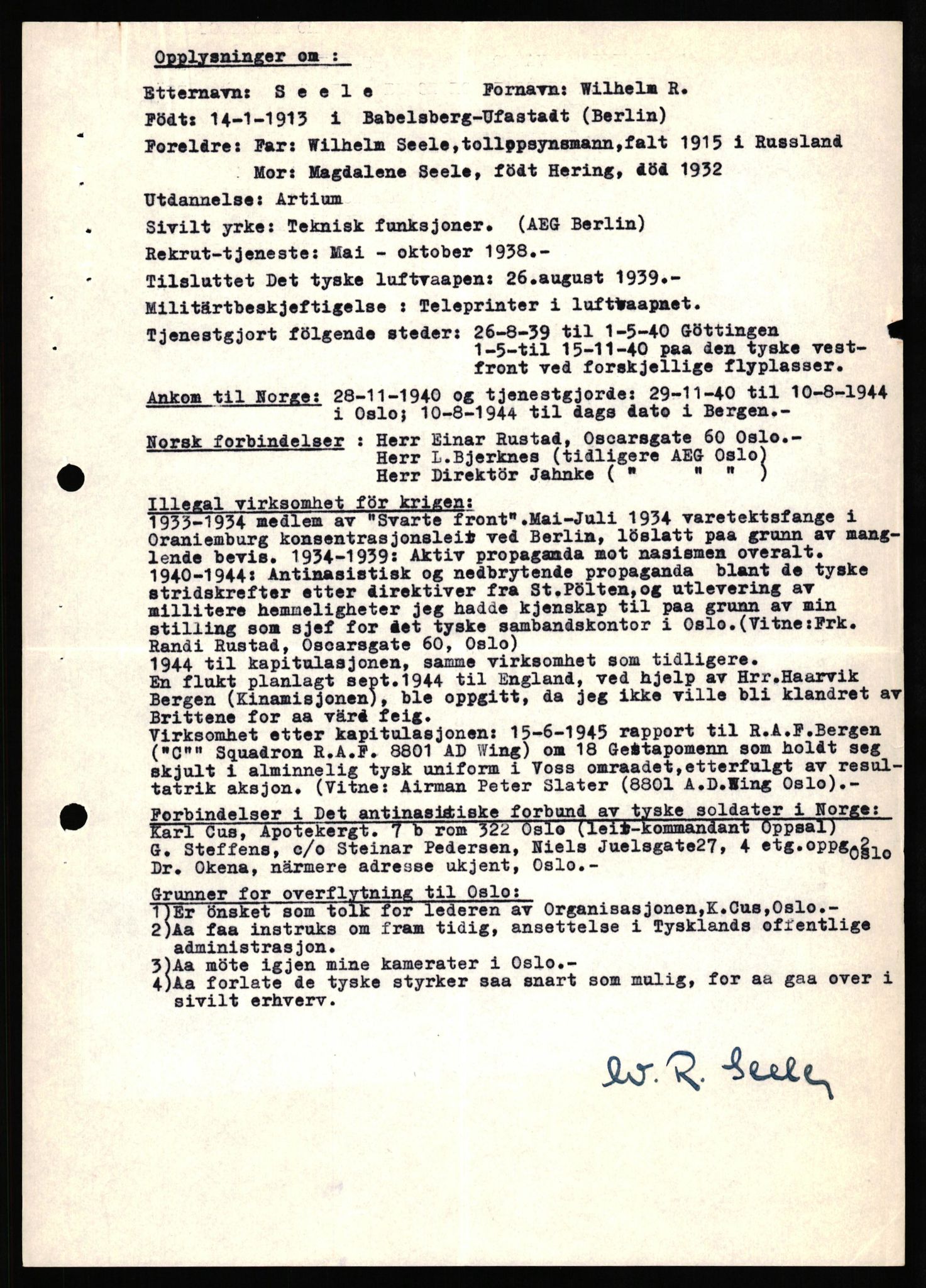 Forsvaret, Forsvarets overkommando II, RA/RAFA-3915/D/Db/L0031: CI Questionaires. Tyske okkupasjonsstyrker i Norge. Tyskere., 1945-1946, p. 403