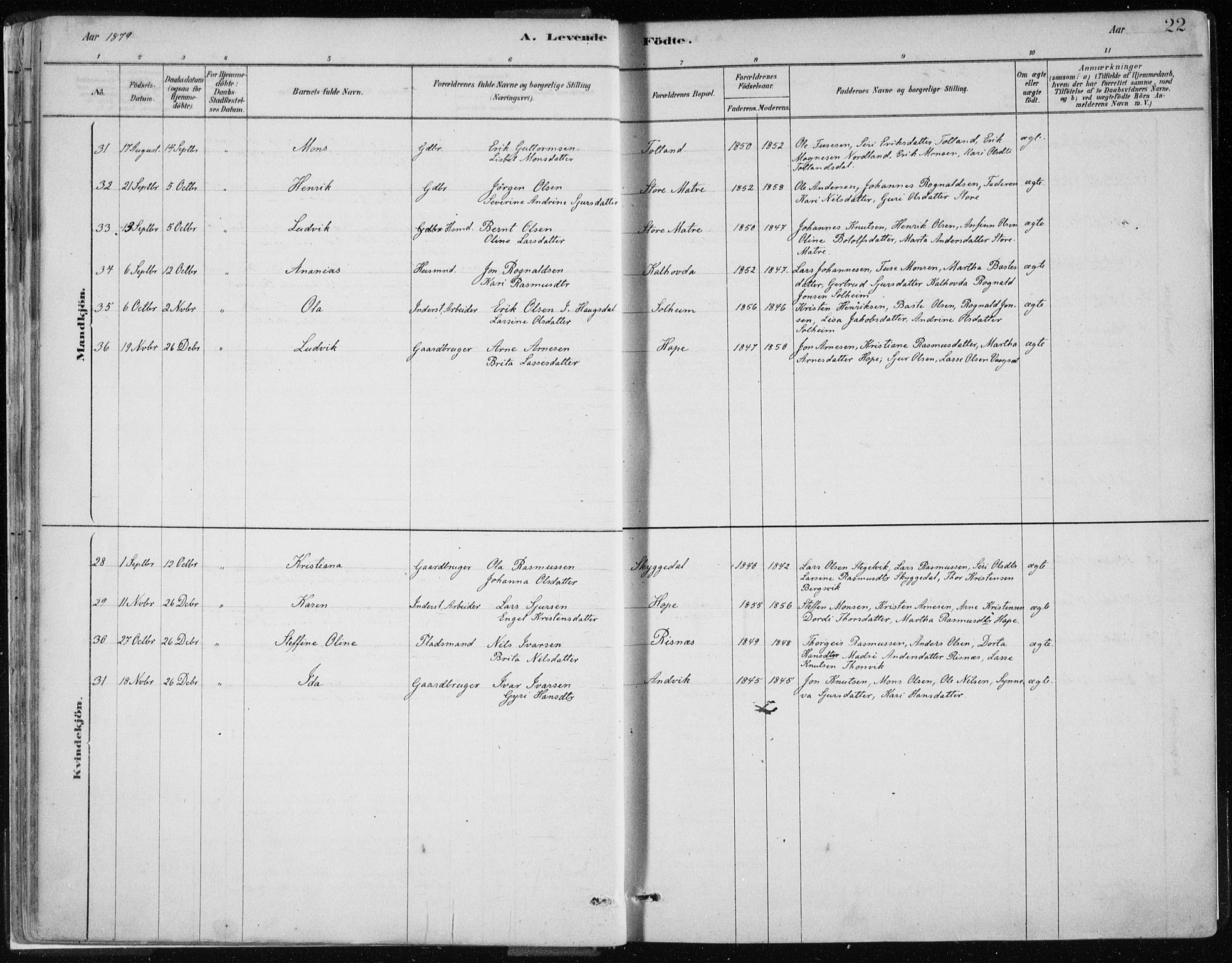 Masfjorden Sokneprestembete, SAB/A-77001: Parish register (official) no. B  1, 1876-1899, p. 22