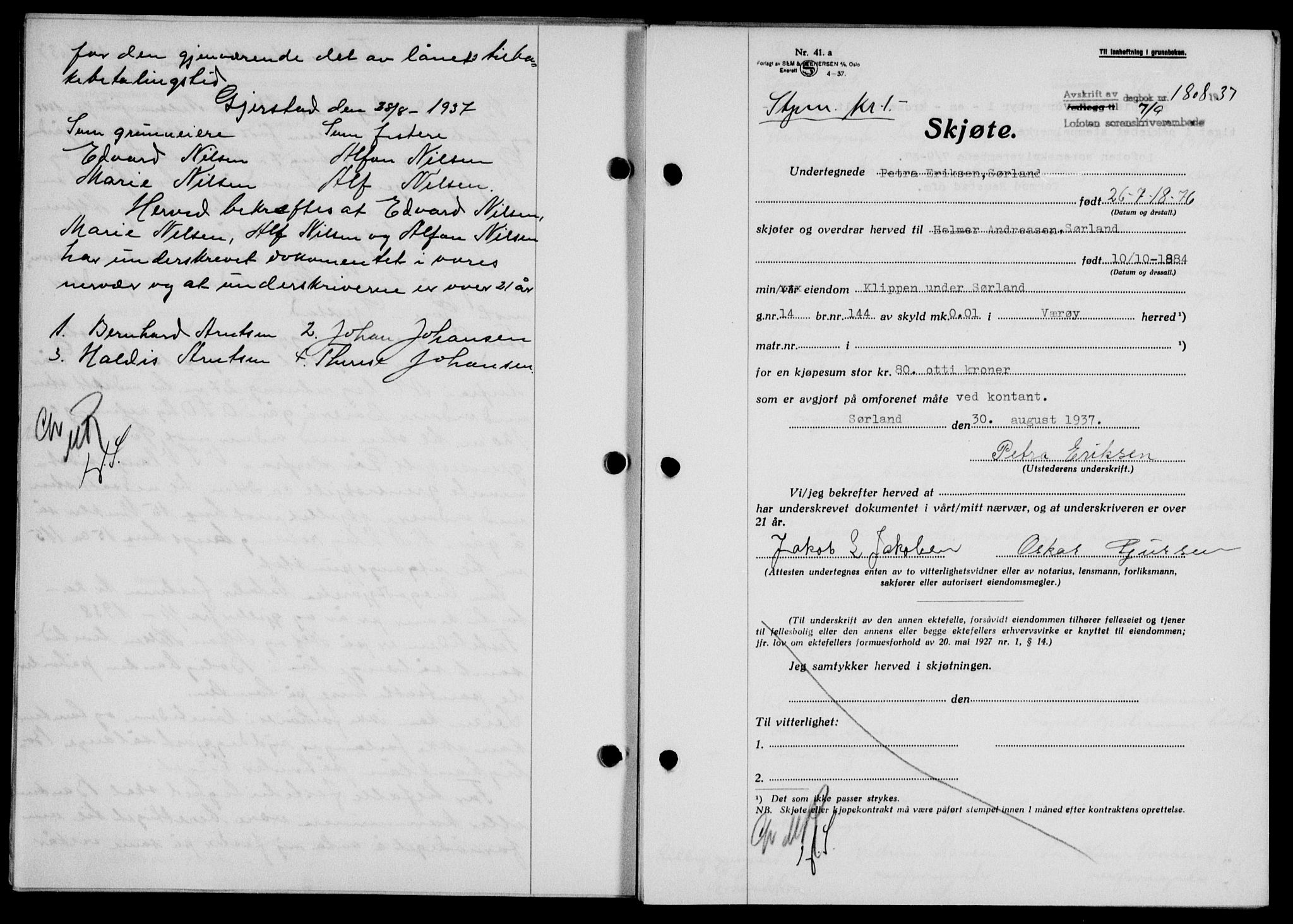 Lofoten sorenskriveri, SAT/A-0017/1/2/2C/L0002a: Mortgage book no. 2a, 1937-1937, Diary no: : 1808/1937