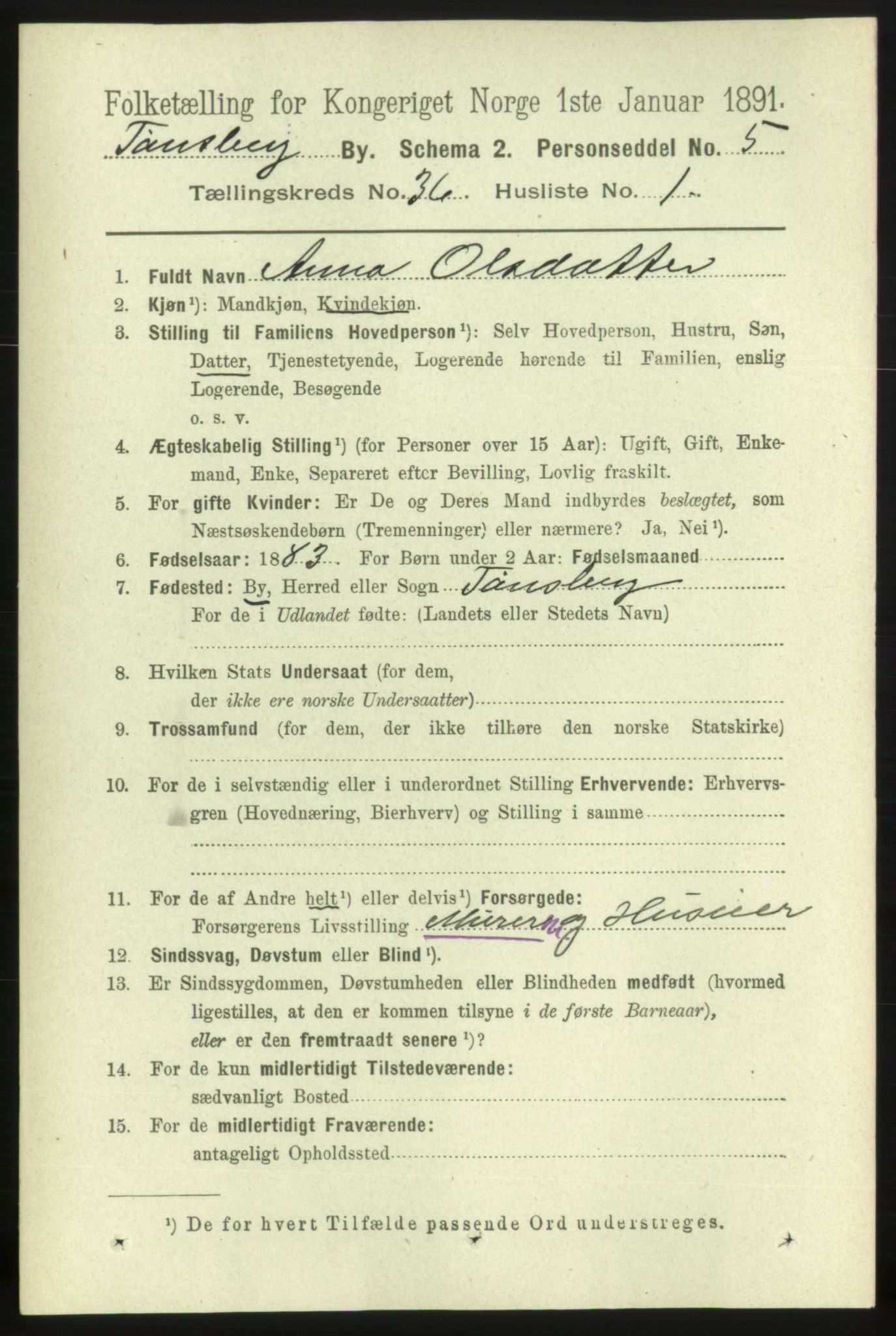 RA, 1891 census for 0705 Tønsberg, 1891, p. 7877