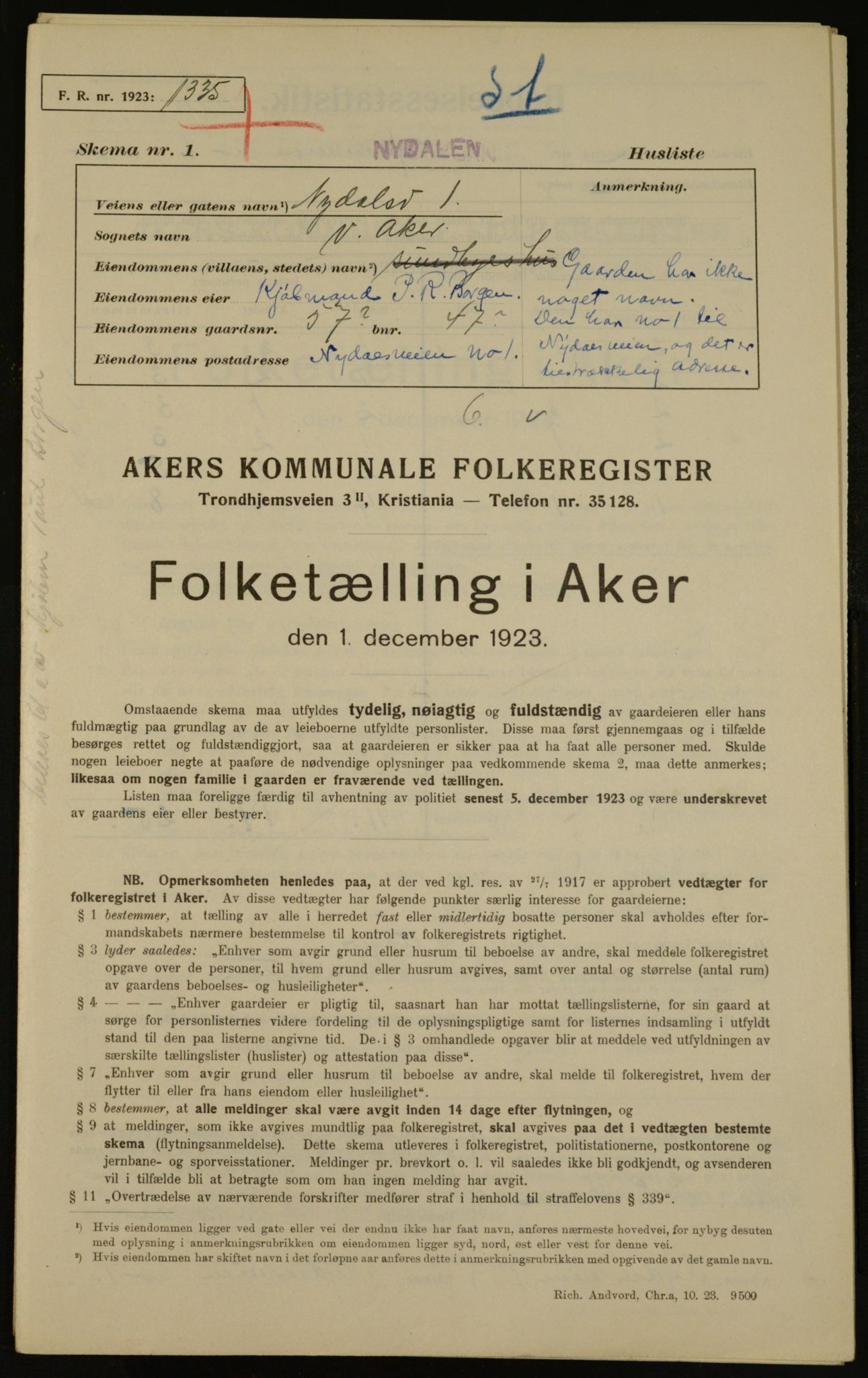 , Municipal Census 1923 for Aker, 1923, p. 16117