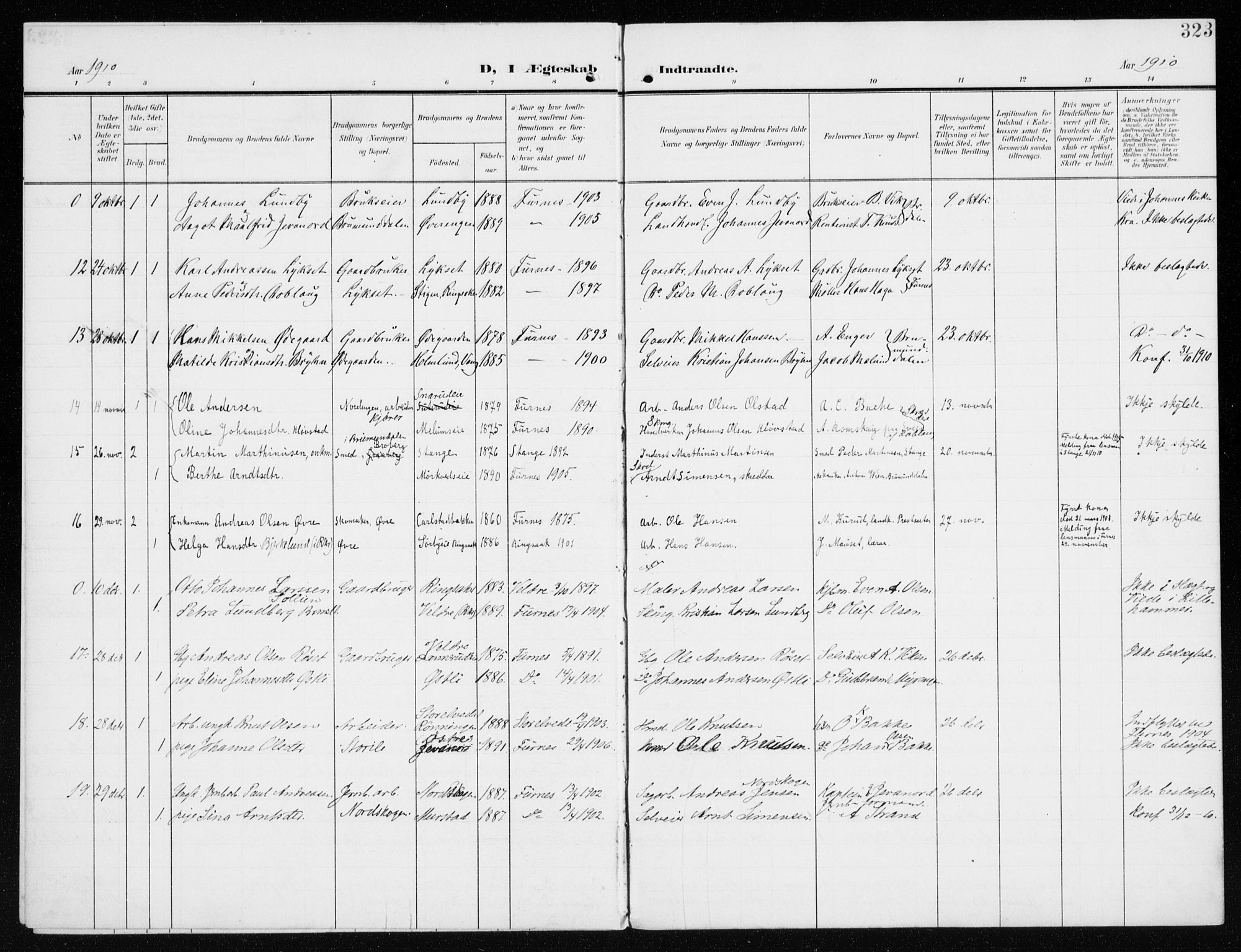 Furnes prestekontor, SAH/PREST-012/K/Ka/L0001: Parish register (official) no. 1, 1907-1935, p. 323
