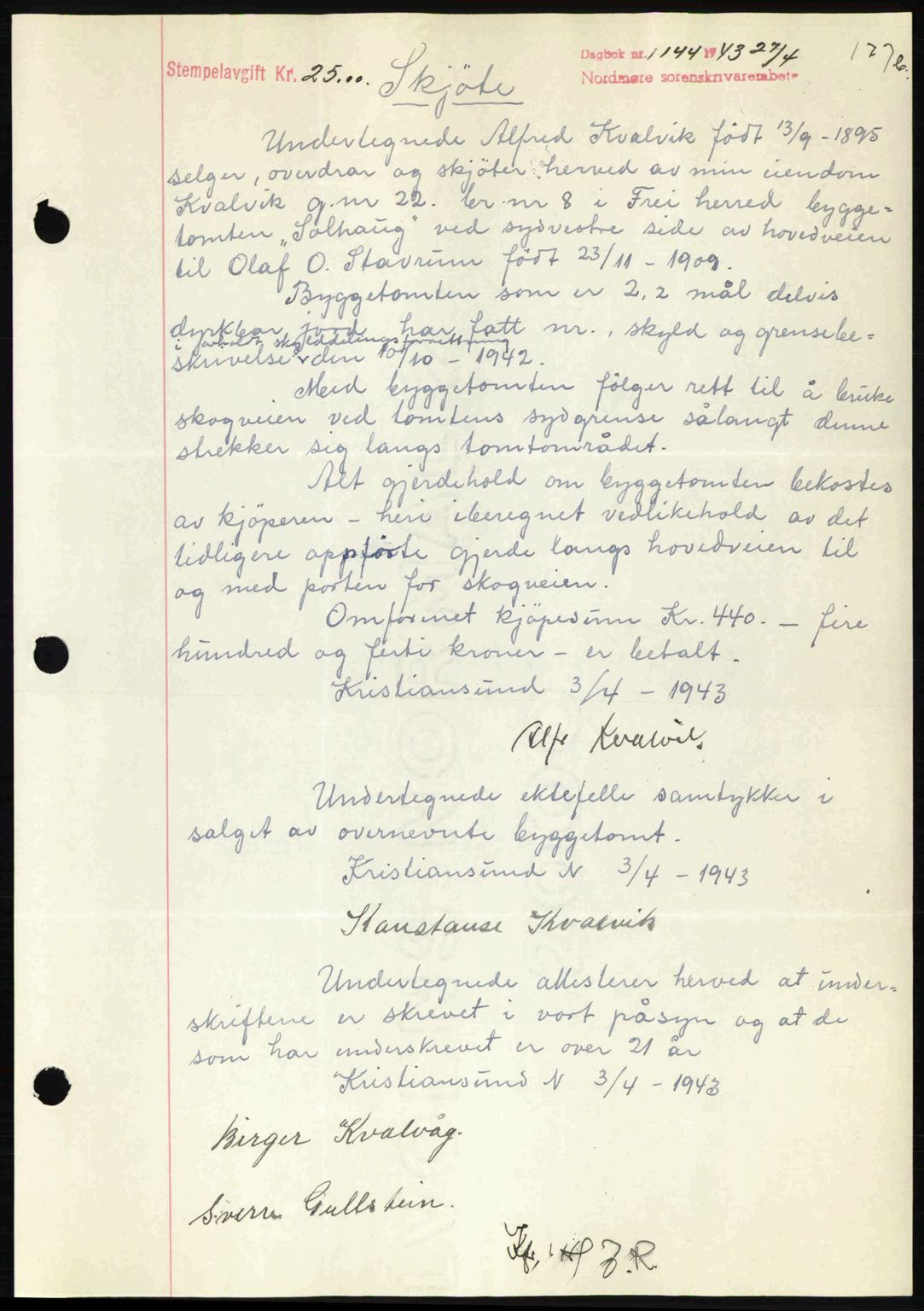 Nordmøre sorenskriveri, AV/SAT-A-4132/1/2/2Ca: Mortgage book no. A95, 1943-1943, Diary no: : 1144/1943