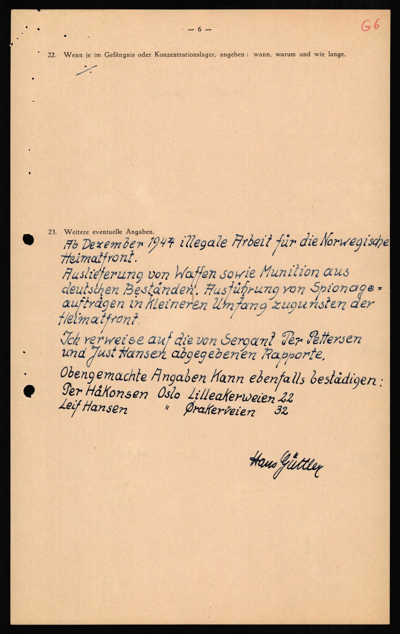 Forsvaret, Forsvarets overkommando II, RA/RAFA-3915/D/Db/L0011: CI Questionaires. Tyske okkupasjonsstyrker i Norge. Tyskere., 1945-1946, p. 20