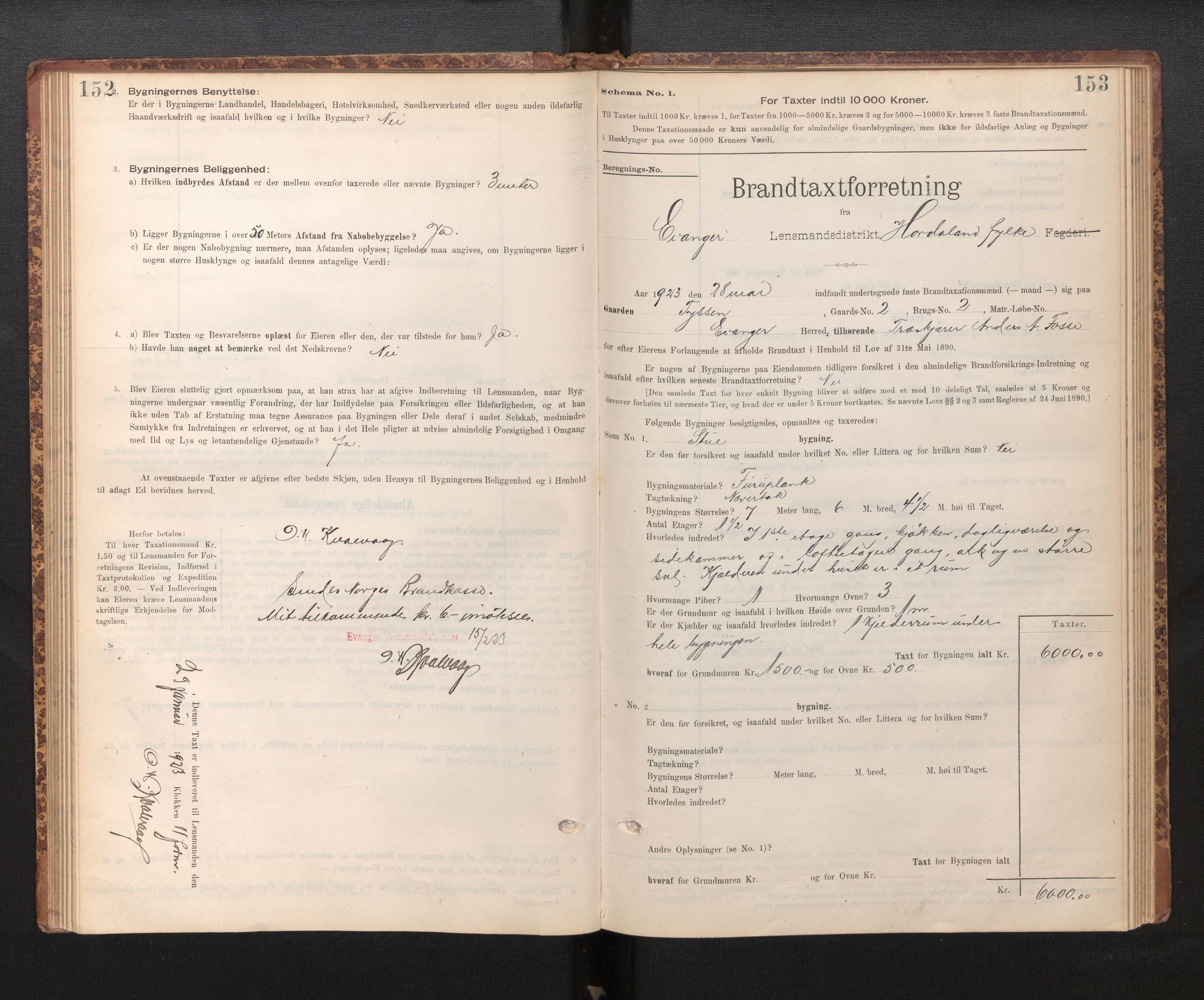 Lensmannen i Evanger, SAB/A-31701/0012/L0005: Branntakstprotokoll, skjematakst, 1895-1935, p. 152-153