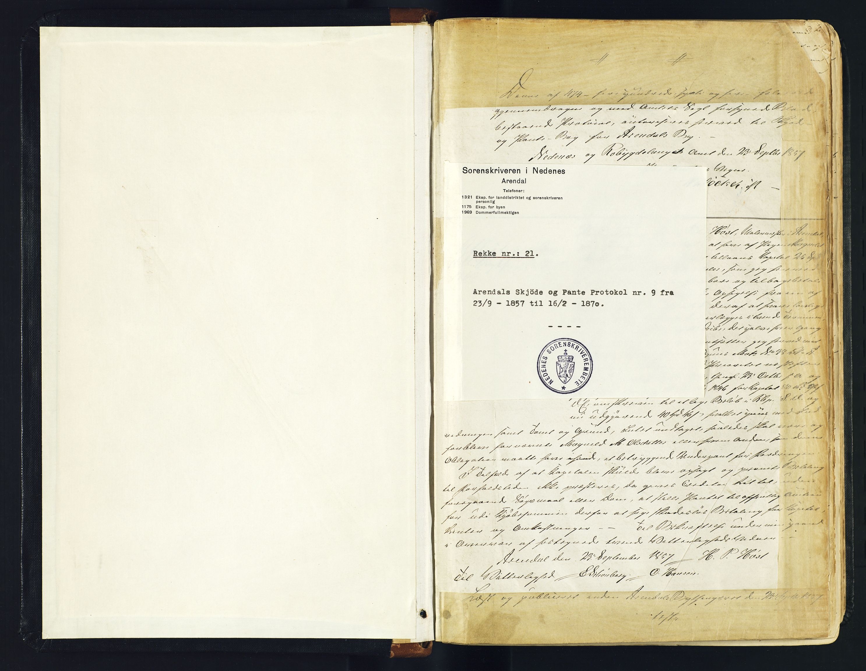 Arendal byfogd, AV/SAK-1222-0001/G/Gb/Gba/L0008: Mortgage book no. 9, 1857-1870, p. 1