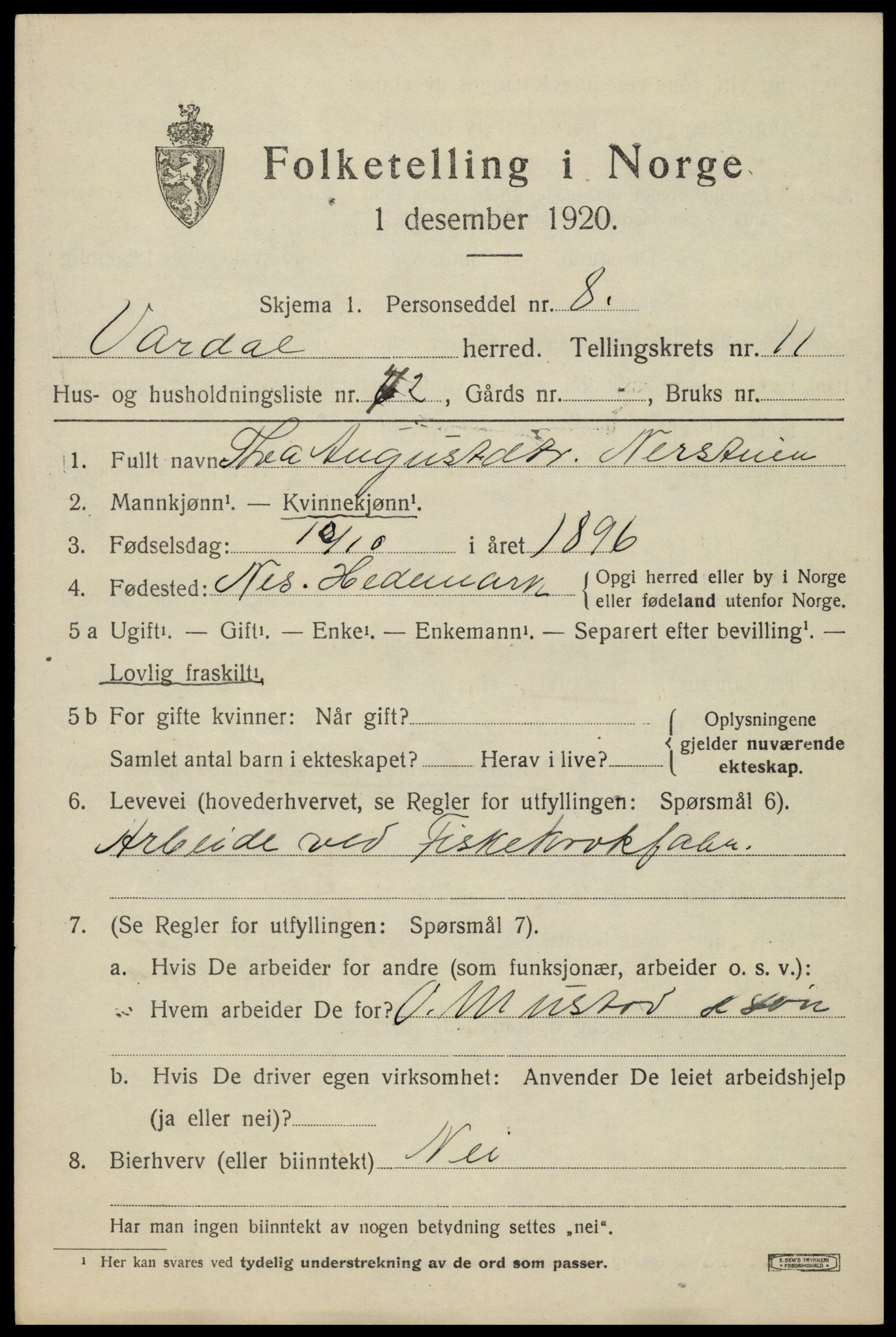 SAH, 1920 census for Vardal, 1920, p. 11937
