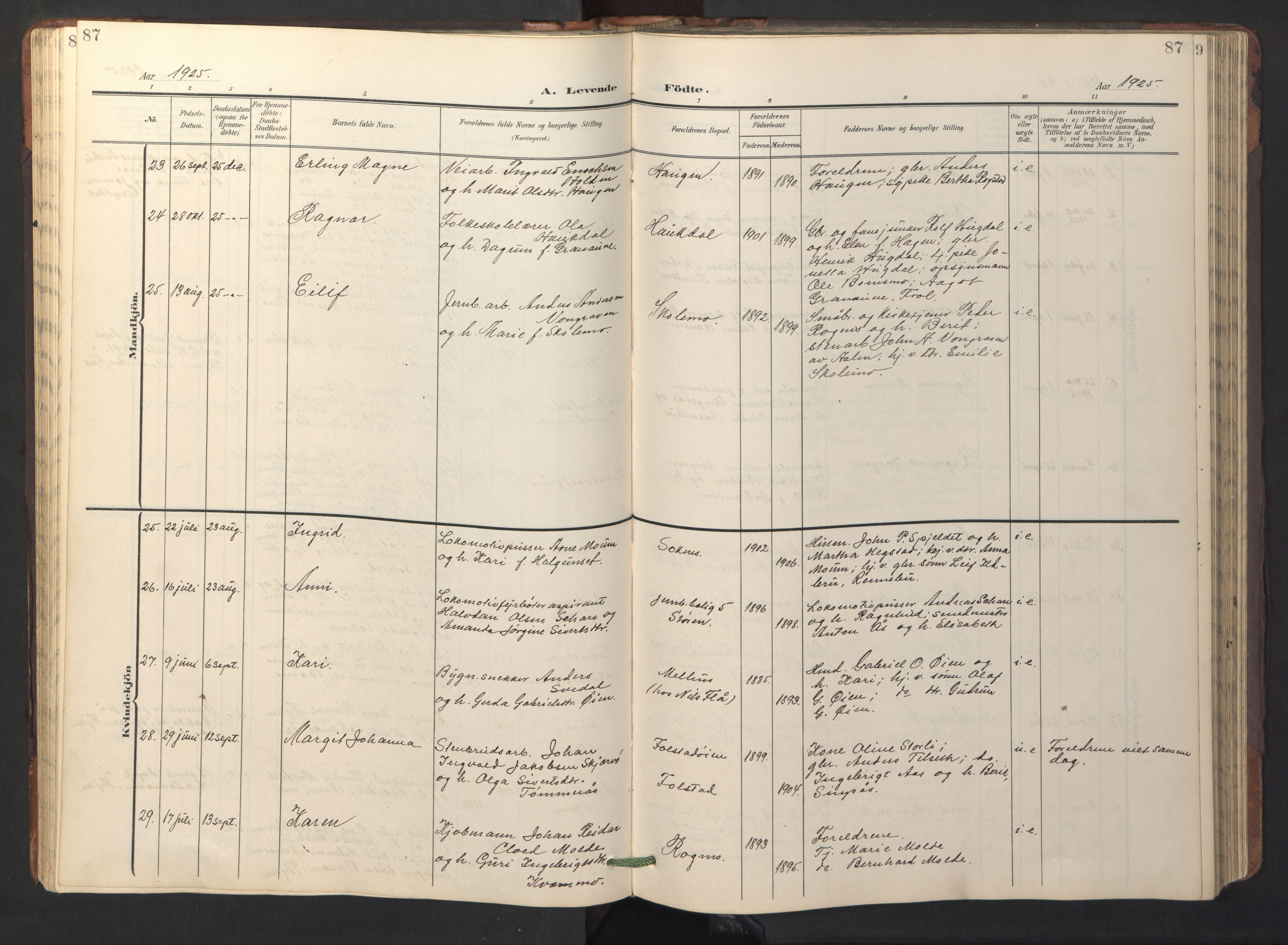 Ministerialprotokoller, klokkerbøker og fødselsregistre - Sør-Trøndelag, SAT/A-1456/687/L1019: Parish register (copy) no. 687C03, 1904-1931, p. 87