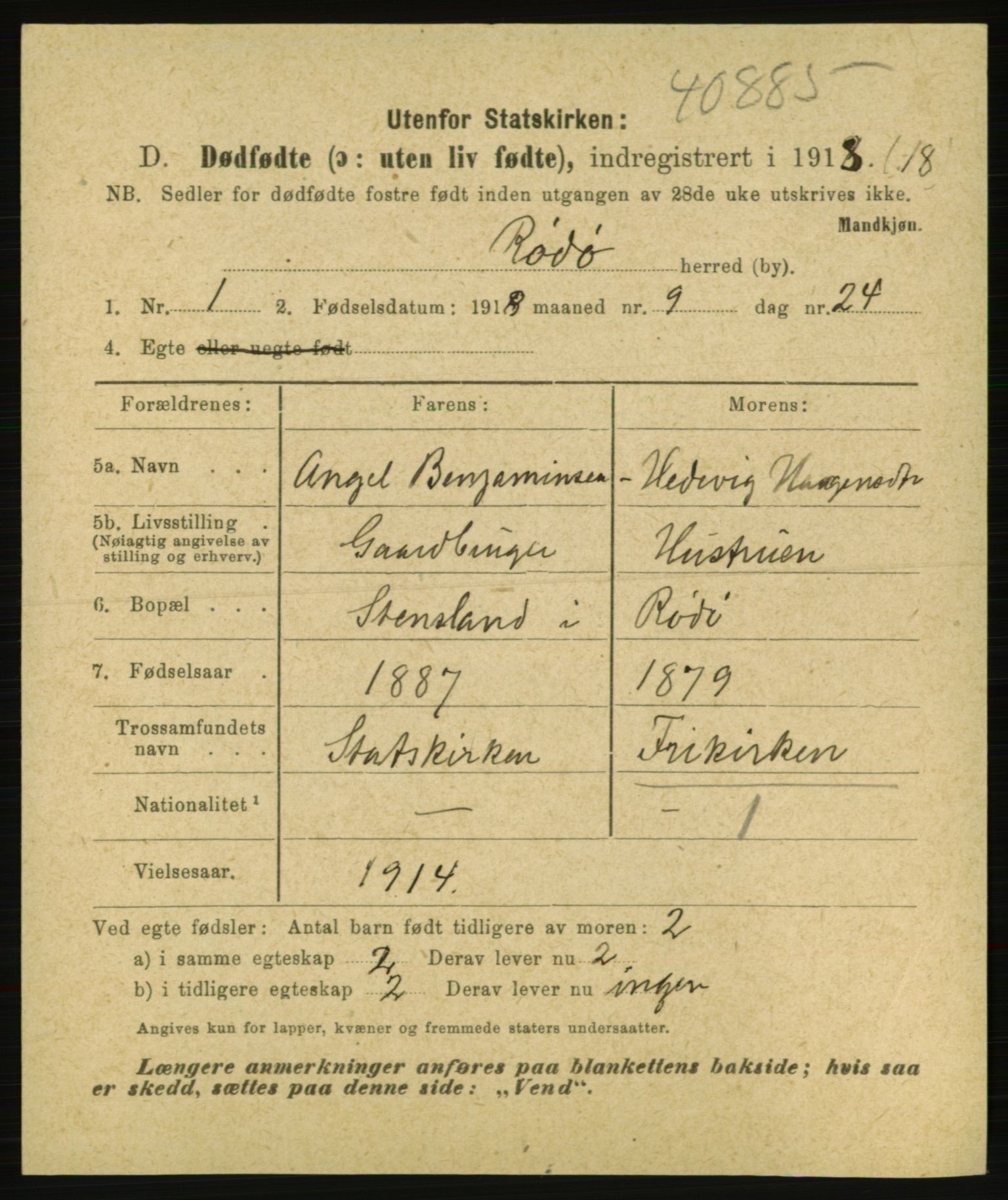 Statistisk sentralbyrå, Sosiodemografiske emner, Befolkning, AV/RA-S-2228/E/L0016: Fødte, gifte, døde dissentere., 1918, p. 3833