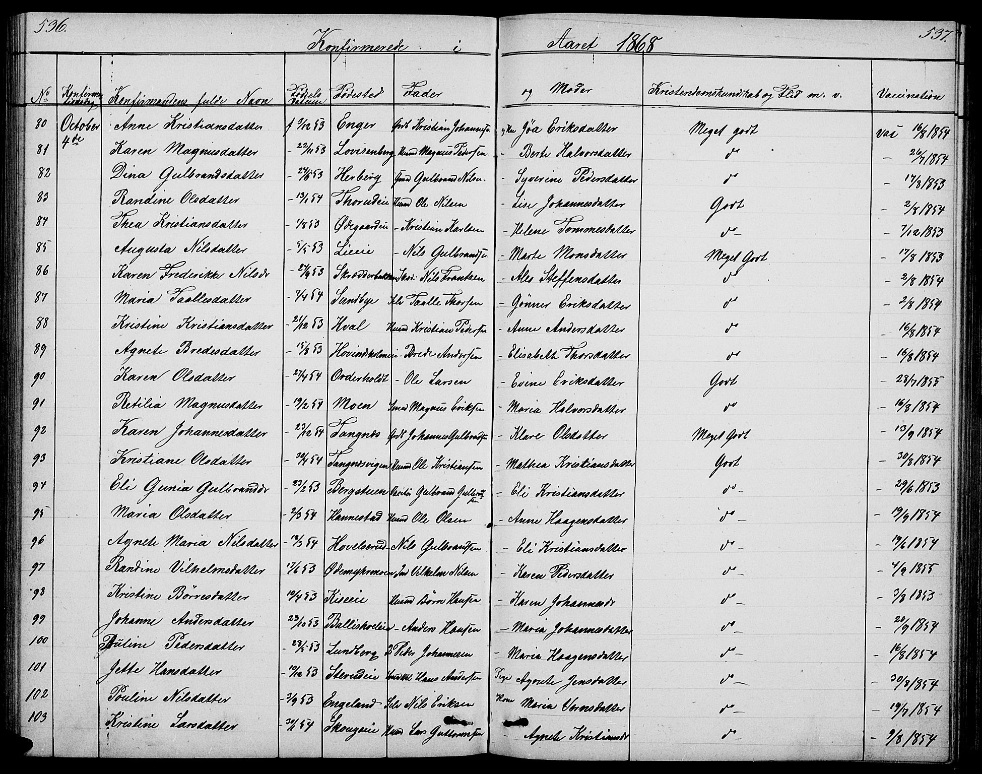 Nes prestekontor, Hedmark, SAH/PREST-020/L/La/L0005: Parish register (copy) no. 5, 1852-1889, p. 536-537