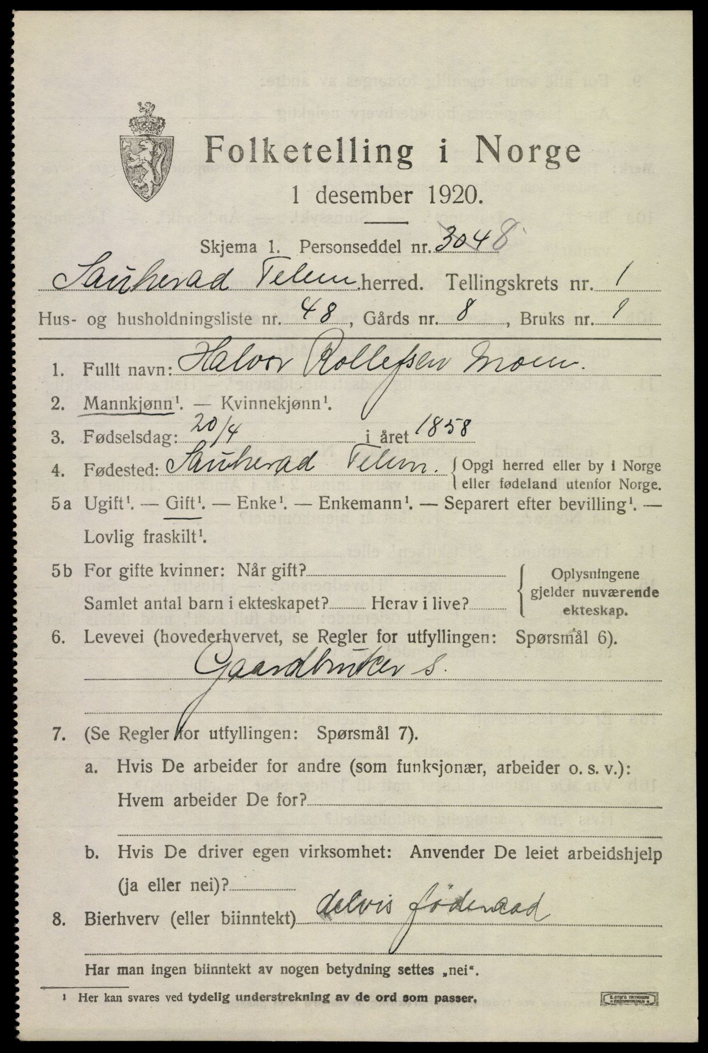 SAKO, 1920 census for Sauherad, 1920, p. 2133