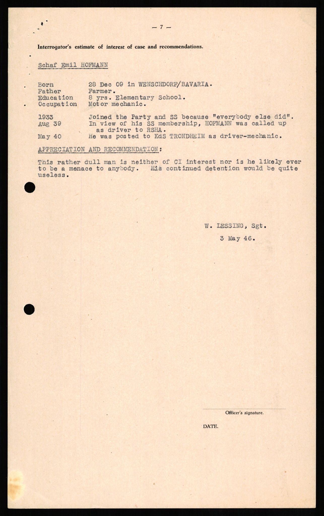 Forsvaret, Forsvarets overkommando II, AV/RA-RAFA-3915/D/Db/L0013: CI Questionaires. Tyske okkupasjonsstyrker i Norge. Tyskere., 1945-1946, p. 378